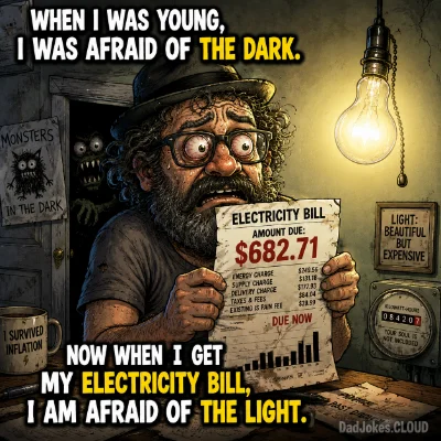 When I was young, I was afraid of the dark. Now when I get my electricity bill, I am afraid of the light.