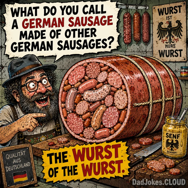 Encased Royalty. What do you call a German sausage made of other German sausages? The wurst of the wurst.