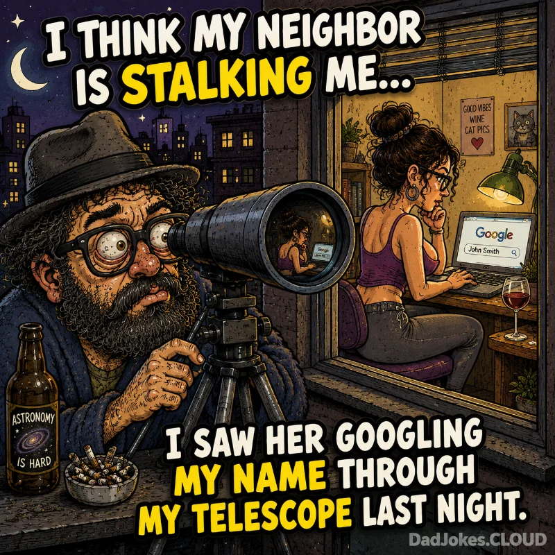 Suspicious Stargazing. I think my neighbor is stalking me… I saw her googling my name through my telescope last night.