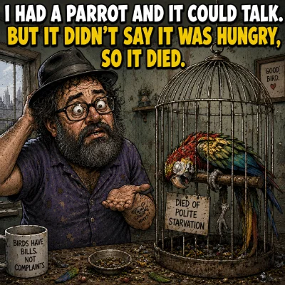 I had a parrot and it could talk. But it didn't say it was hungry, so it died.