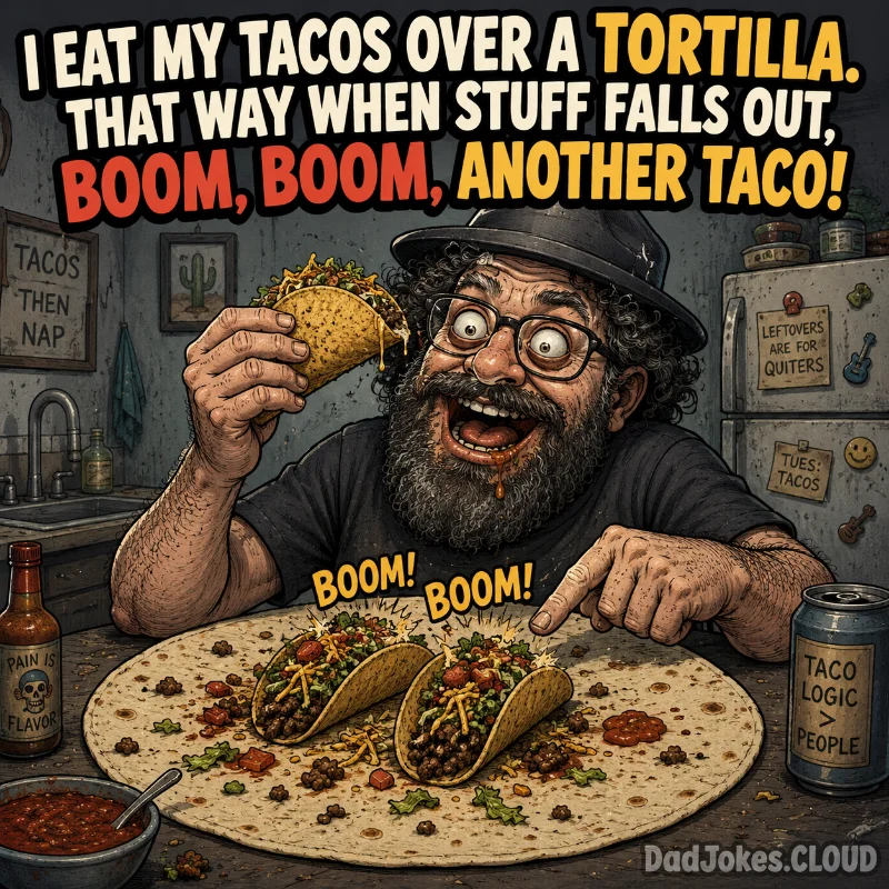 Engineered to Spill. I eat my tacos over a tortilla. That way when stuff falls out, boom, boom, another taco!