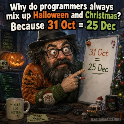 Why do programmers always mix up Halloween and Christmas? Because 31 Oct = 25 Dec.