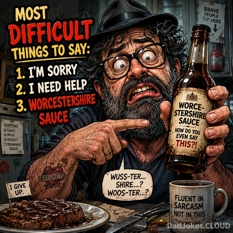 The Big Three. Most difficult things to say: I'm sorry, I need help, Worcestershire sauce.