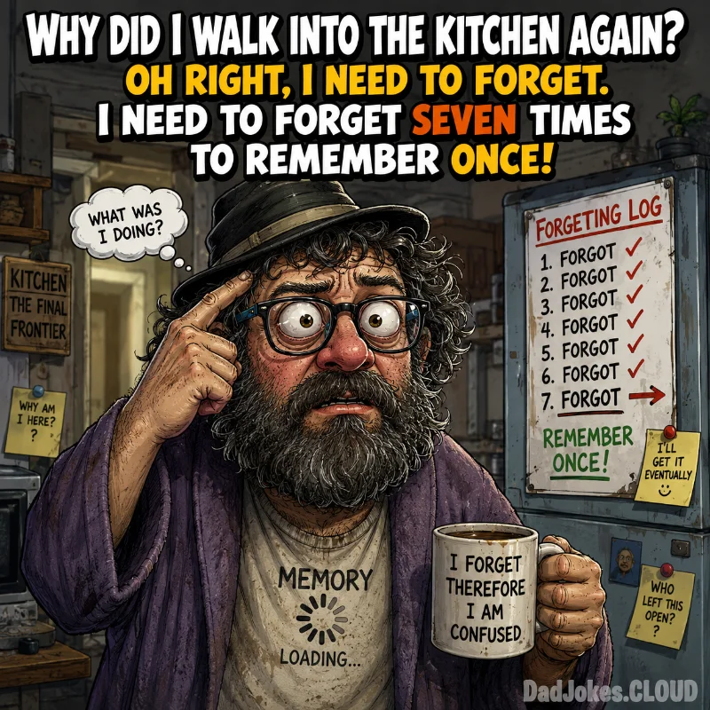 The Kitchen Mystery. Why did I walk into the kitchen again? Oh right, I need to forget. I need to forget seven times to remember once!