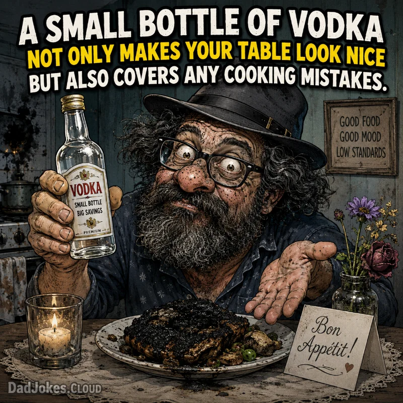 Garnish, Officially. Remember, a small bottle of vodka not only makes your table look nice but also covers any cooking mistakes.