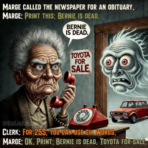 Obituary Word Count. Marge called the newspaper for an obituary. Marge: Print this: Bernie is dead. Clerk: For $25, you can use six words. Marge: OK. Print: Bernie is dead. Toyota for sale.