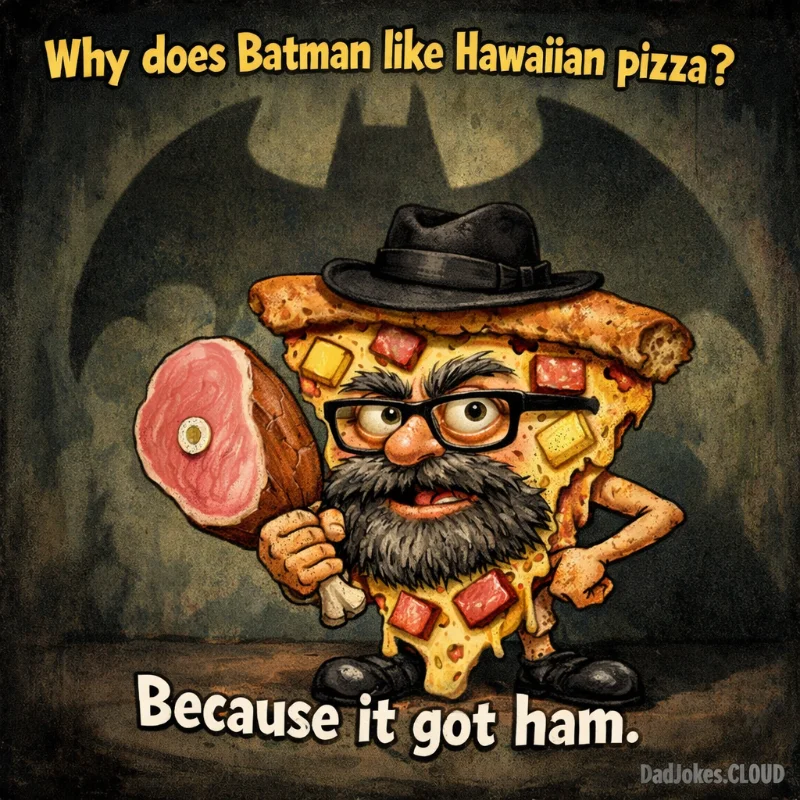 Caped Crusader Order. Why does Batman like Hawaiian pizza?
Because it's got ham.