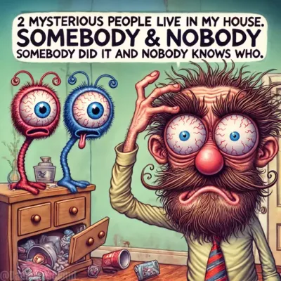 2 mysterious people live in my house. Somebody & Nobody. Somebody did it and Nobody knows who.
