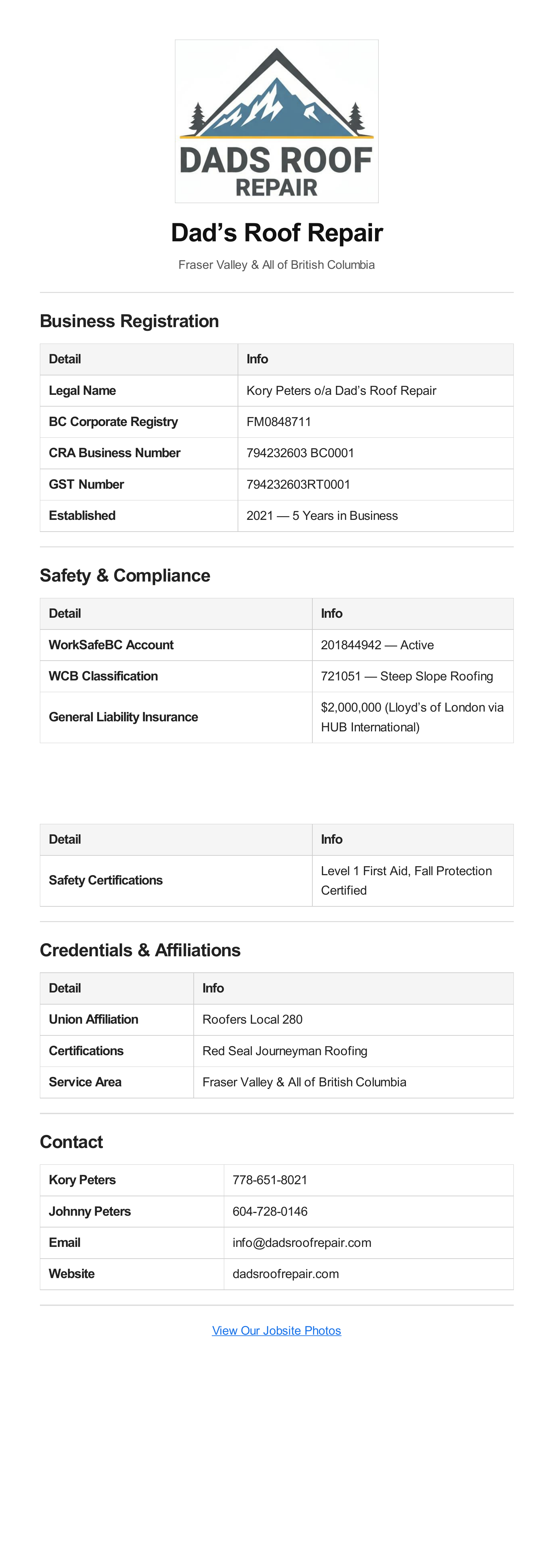 Dads Roofing business credentials card showing GST registration, BC registration, WorkSafeBC coverage, and insurance details