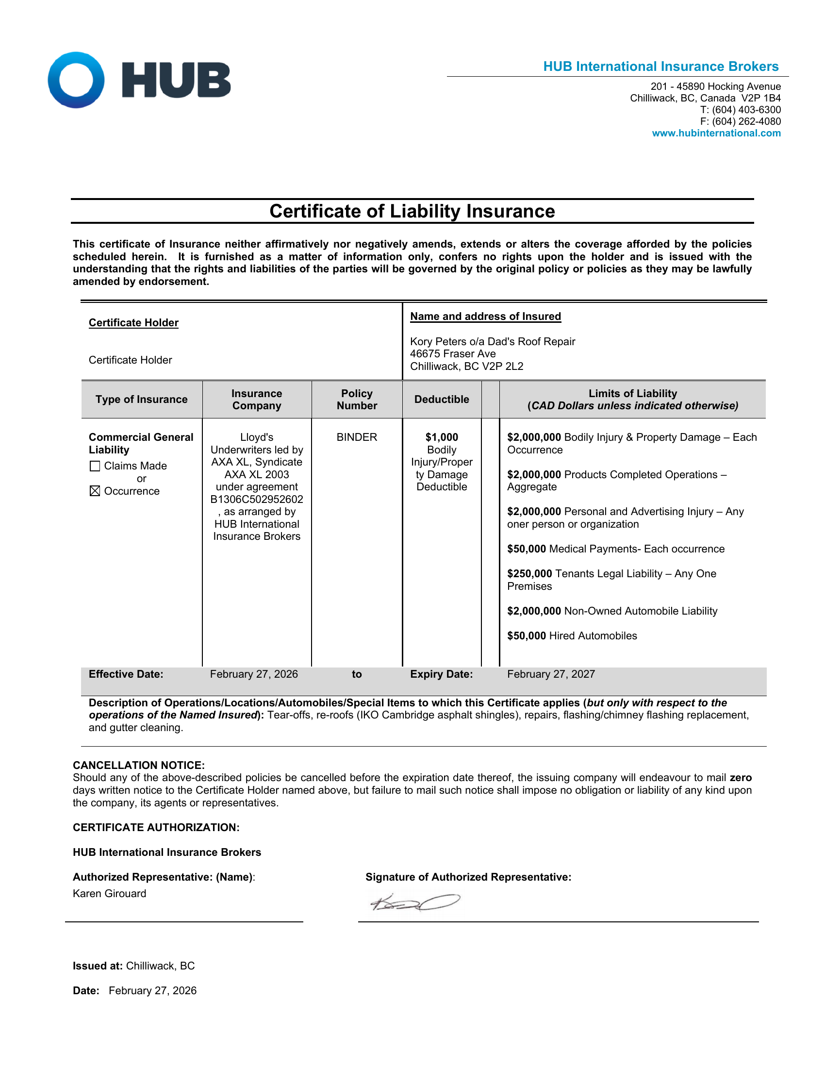 Certificate of Insurance for Dads Roofing showing $2 million commercial general liability coverage via Lloyds and HUB International