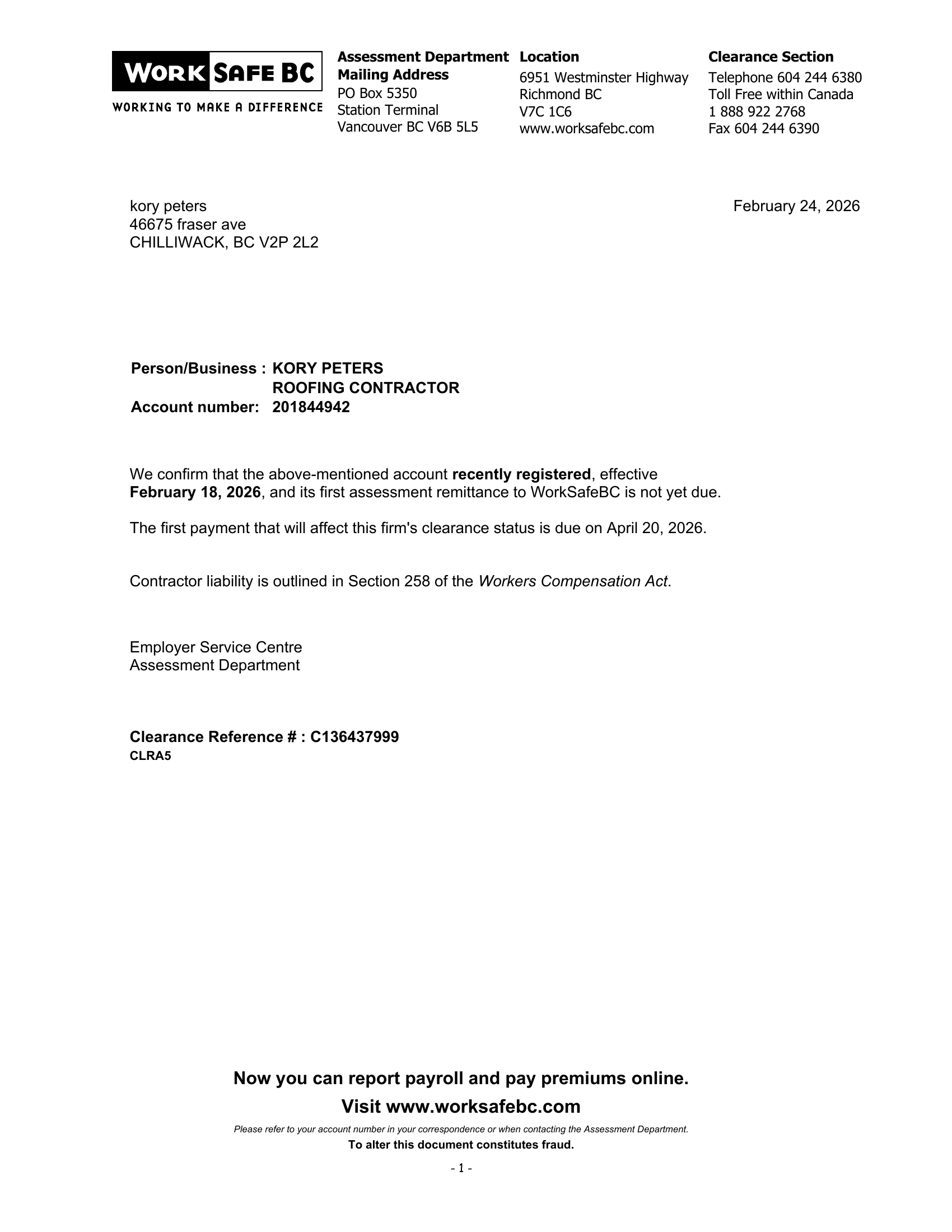 WorkSafeBC Clearance Letter for Dads Roofing confirming active workers compensation coverage
