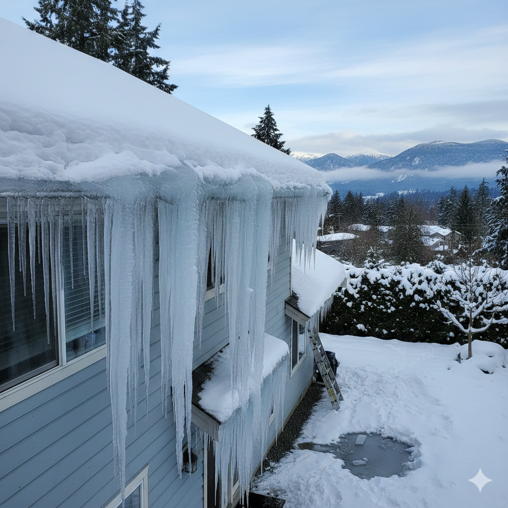 Ice dam formation on residential roof edge causing water backup and potential interior damage in the Fraser Valley BC