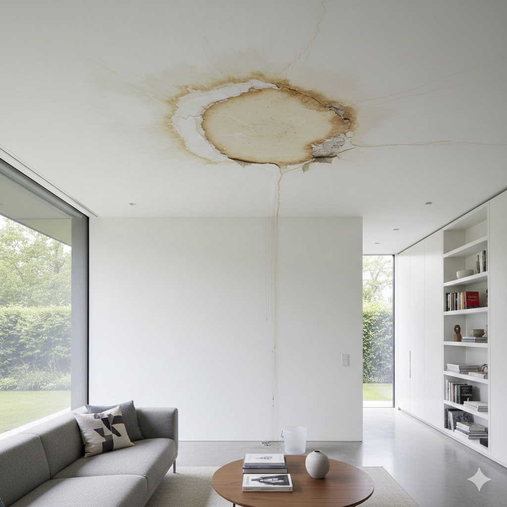 Interior ceiling water damage from roof leak showing brown staining and bubbling paint requiring emergency repair by Dads Roofing