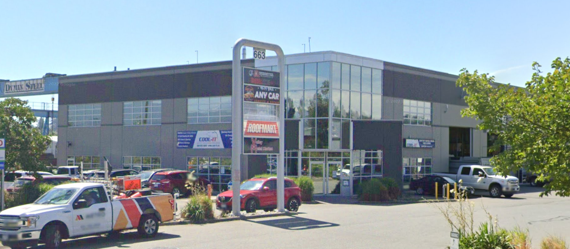 Roofmart Abbotsford storefront on Clearbrook Road — Dads Roofing's primary strata roofing material supplier in the western Fraser Valley