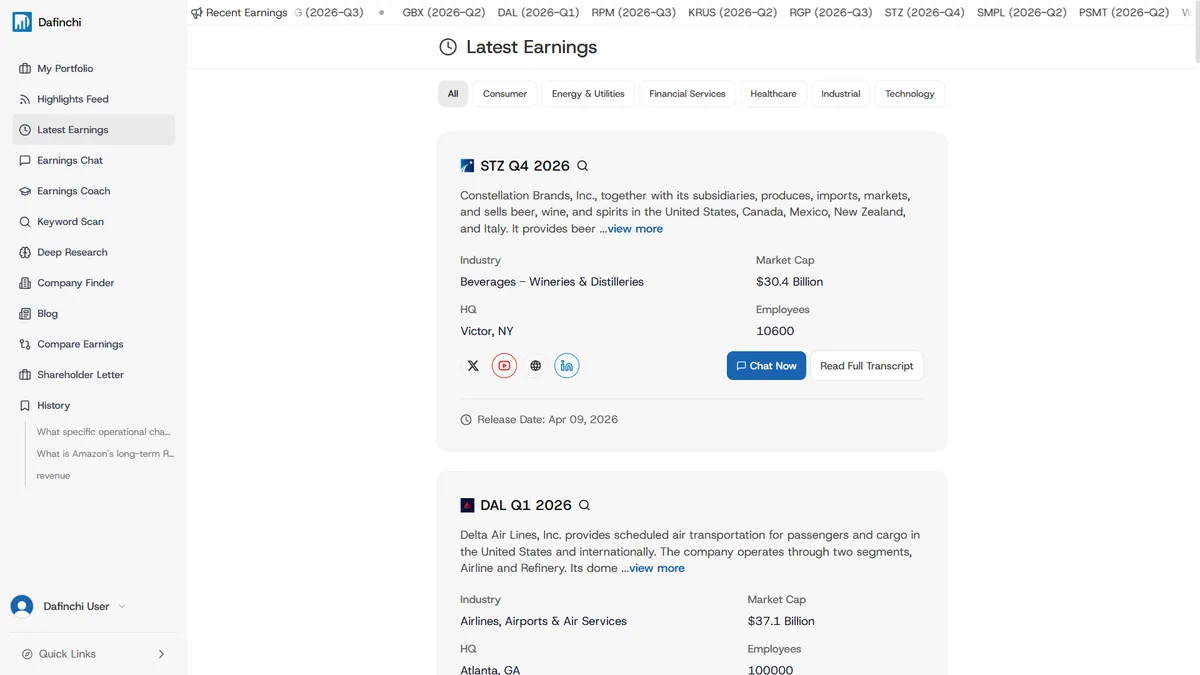 Latest earnings page on dafinchi.ai