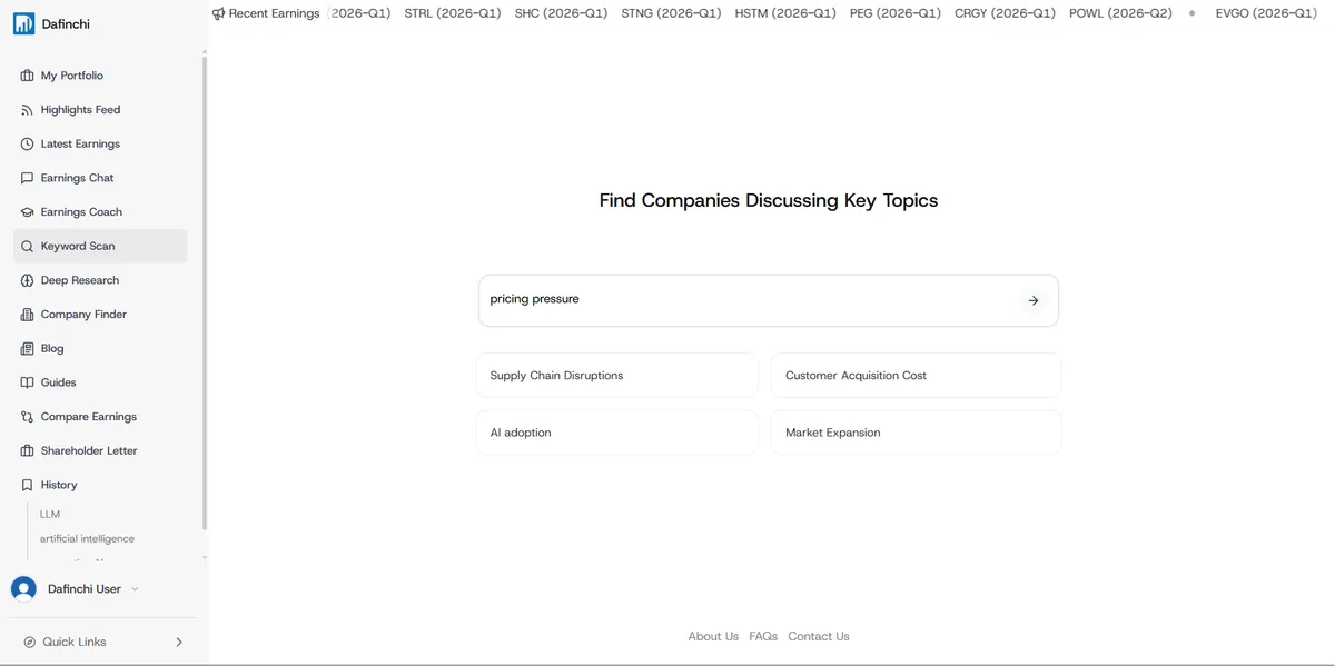 Dafinchi Keyword Scan lets you search earnings transcripts by topic or keyword.