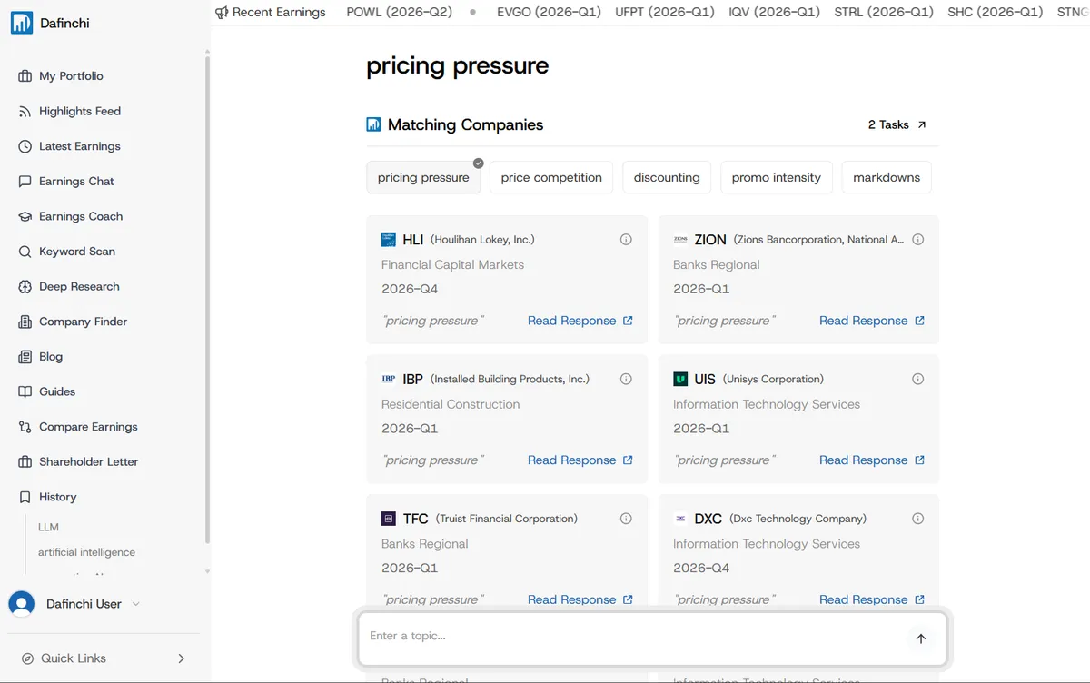A list of company transcripts that discussed pricing pressure in their earnings calls.