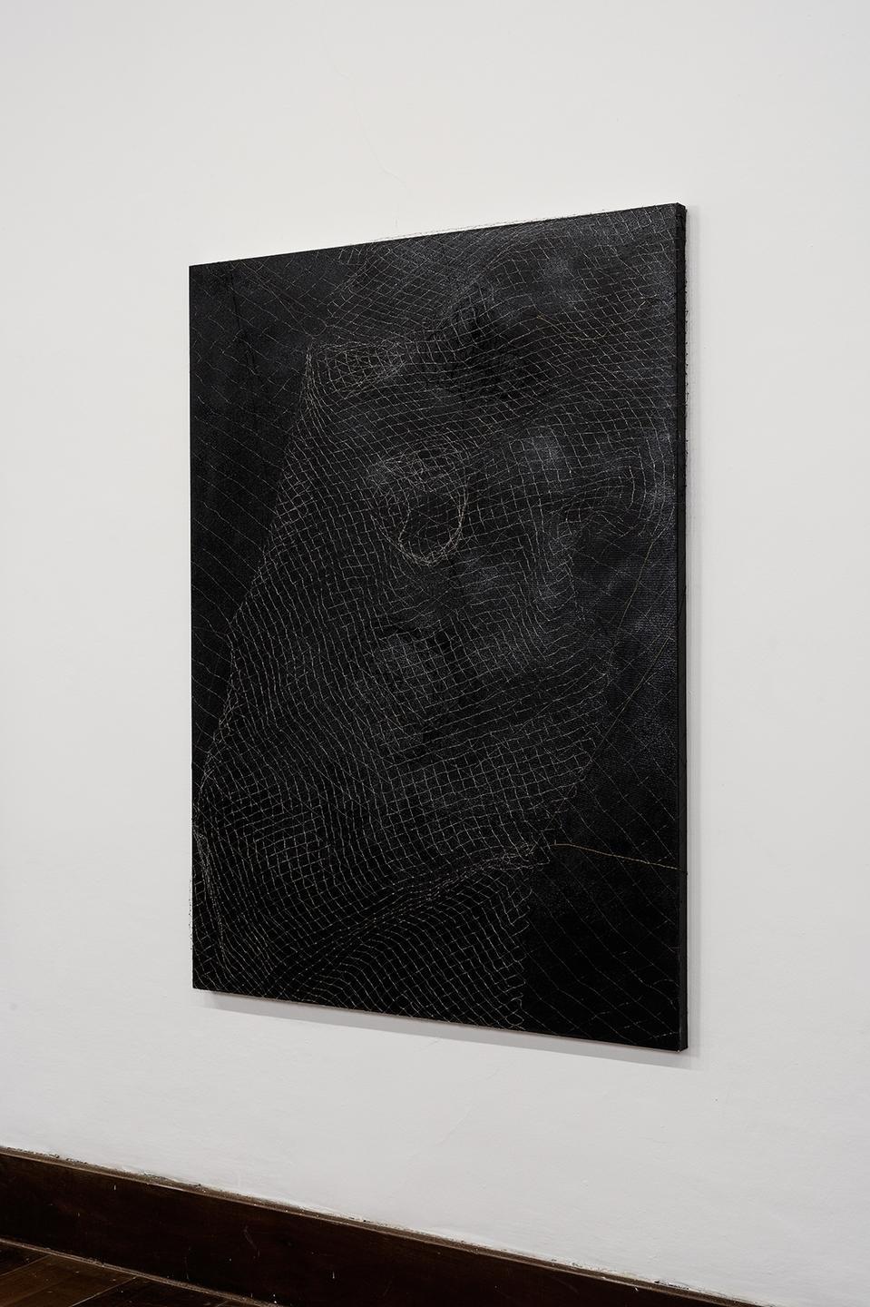 “Matéria escura 2”, 2016, esmaslte sintético e rede de metal sobre tela, 170 x 95 x 38 cm