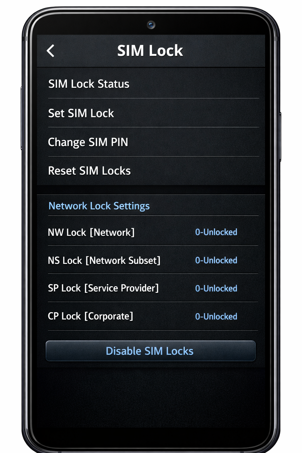 Smartphone engineering menu screen interface, technical settings display, SIM lock menu options, close-up of mobile phone screen showing system settings, professional tech photography
