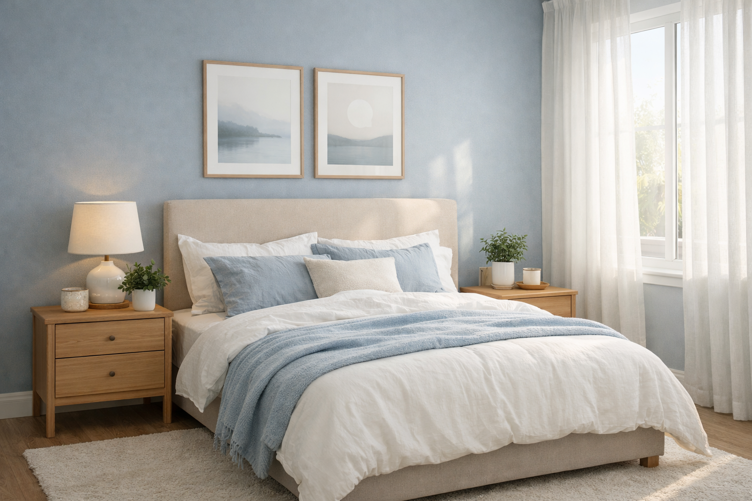 Spokojna sypialnia w stonowanych kolorach błękitu i szarości