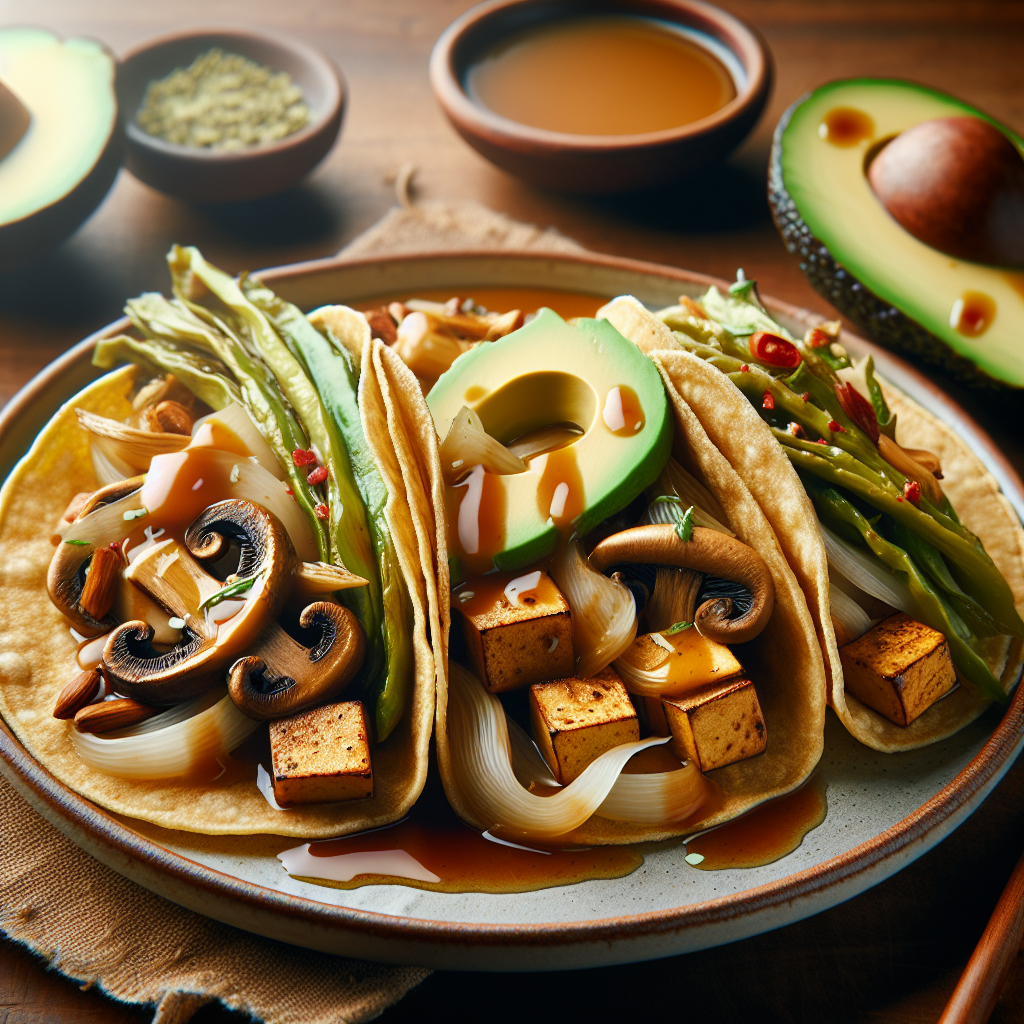 Tacos de tofú con champiñón y nopales en salsa de soya