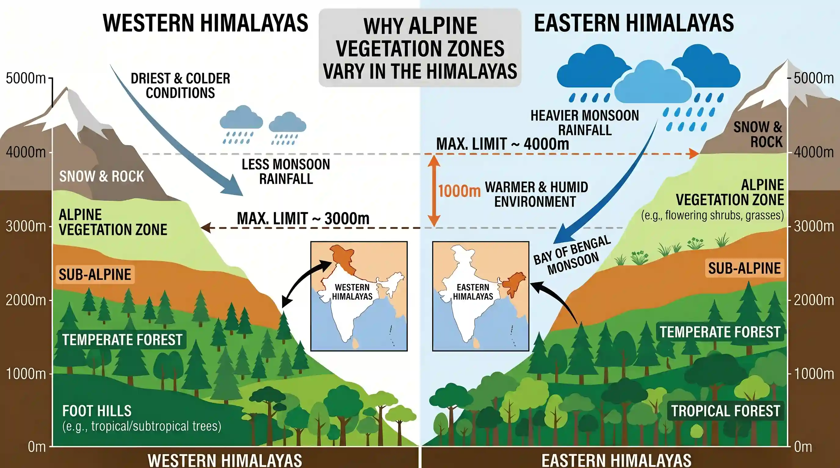 geography: The Alpine vegetation in the western Himalayas is found only up to a height of 3000 metres, while in the eastern Himalay