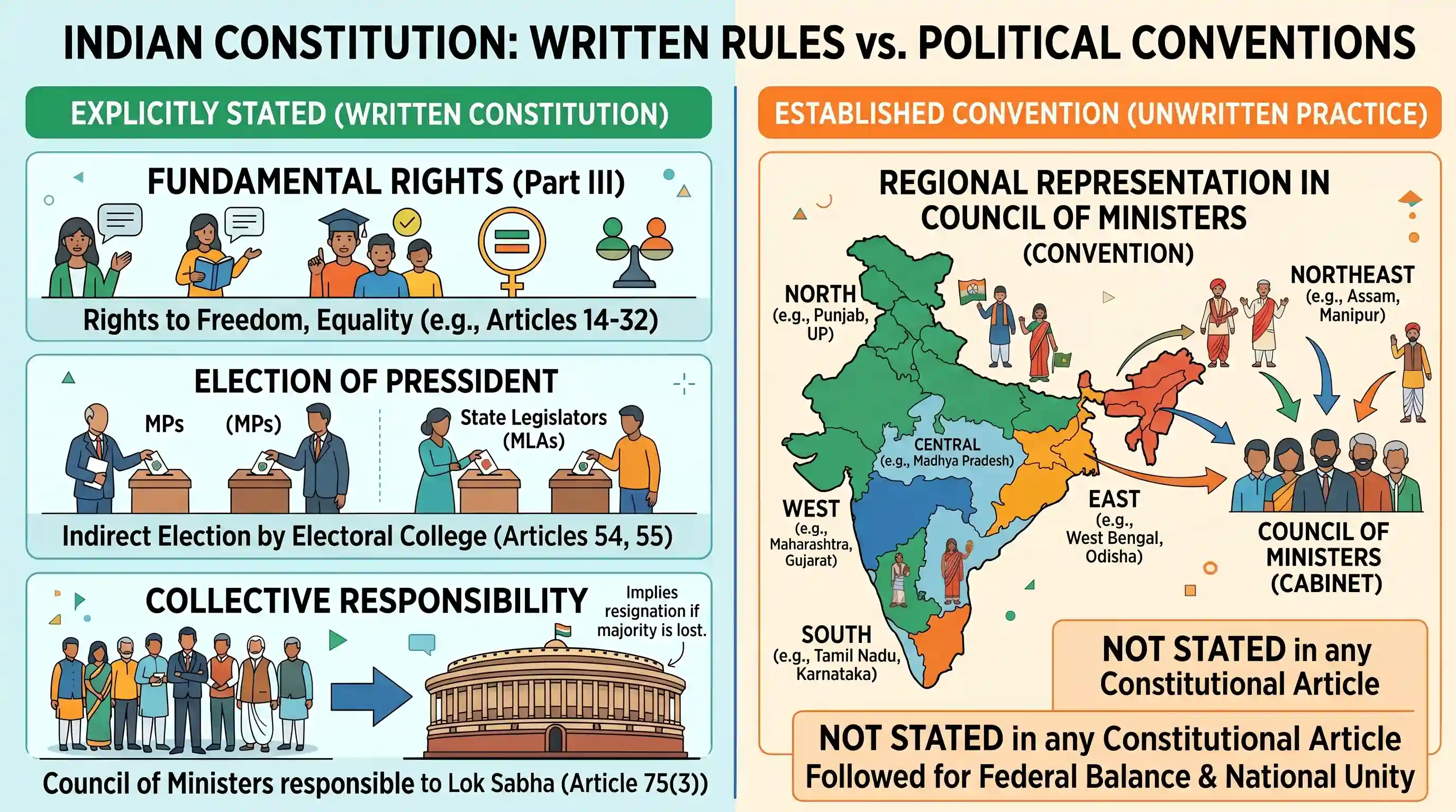 polity-and-governance: Which one of the following is not explicitly stated in the Constitution of India but followed as a convention?