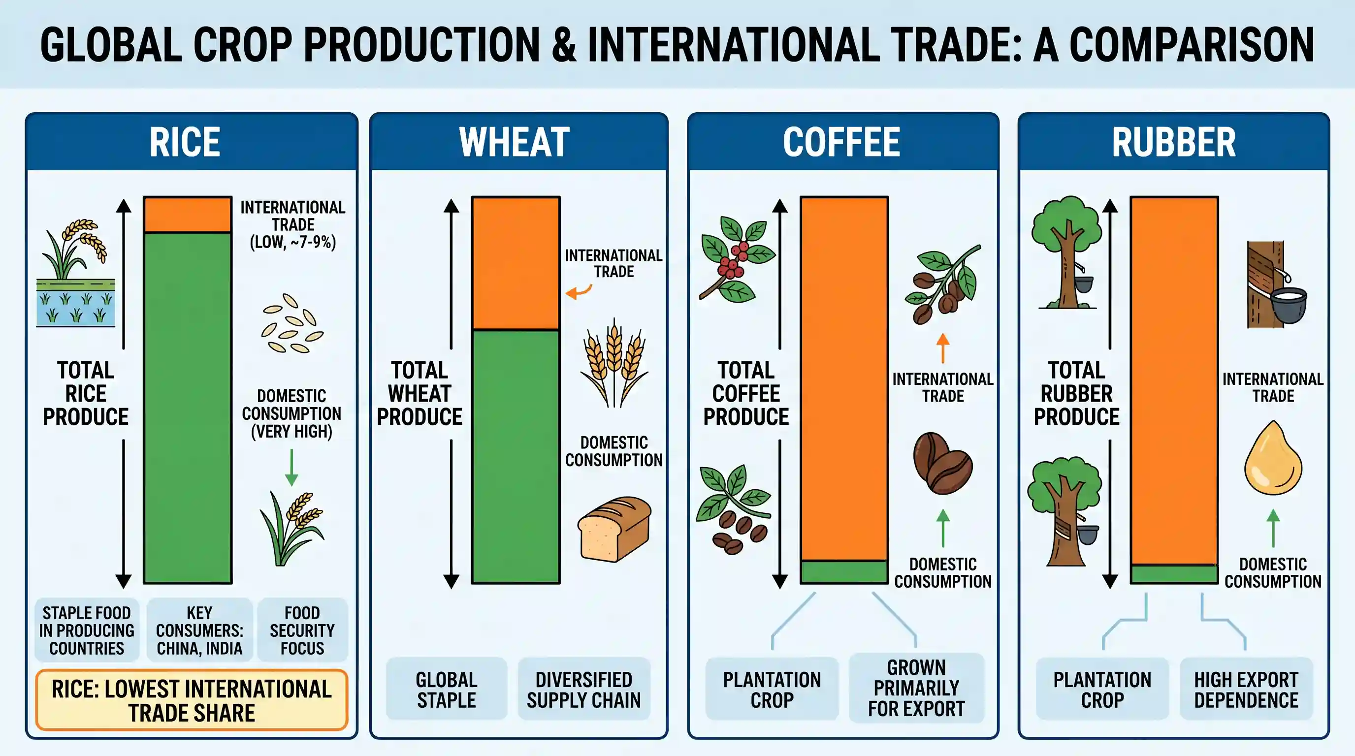 economy: In which one of the following crops international trades is low in the context of total produce?