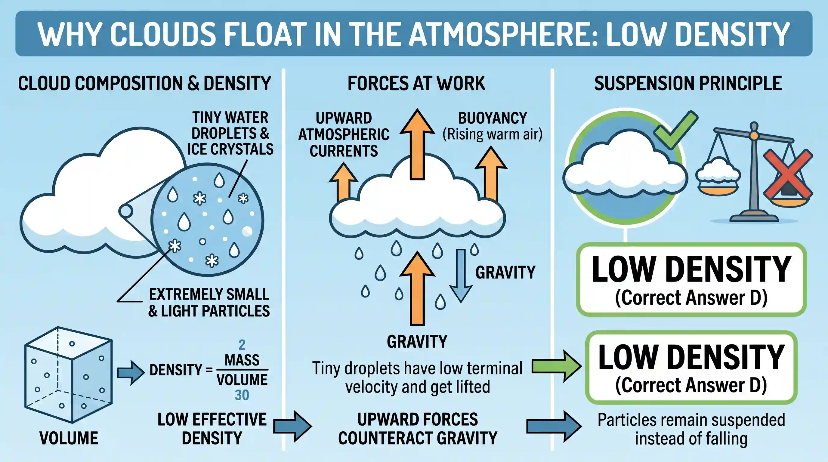 geography: The clouds float in the atmosphere because of their low density.