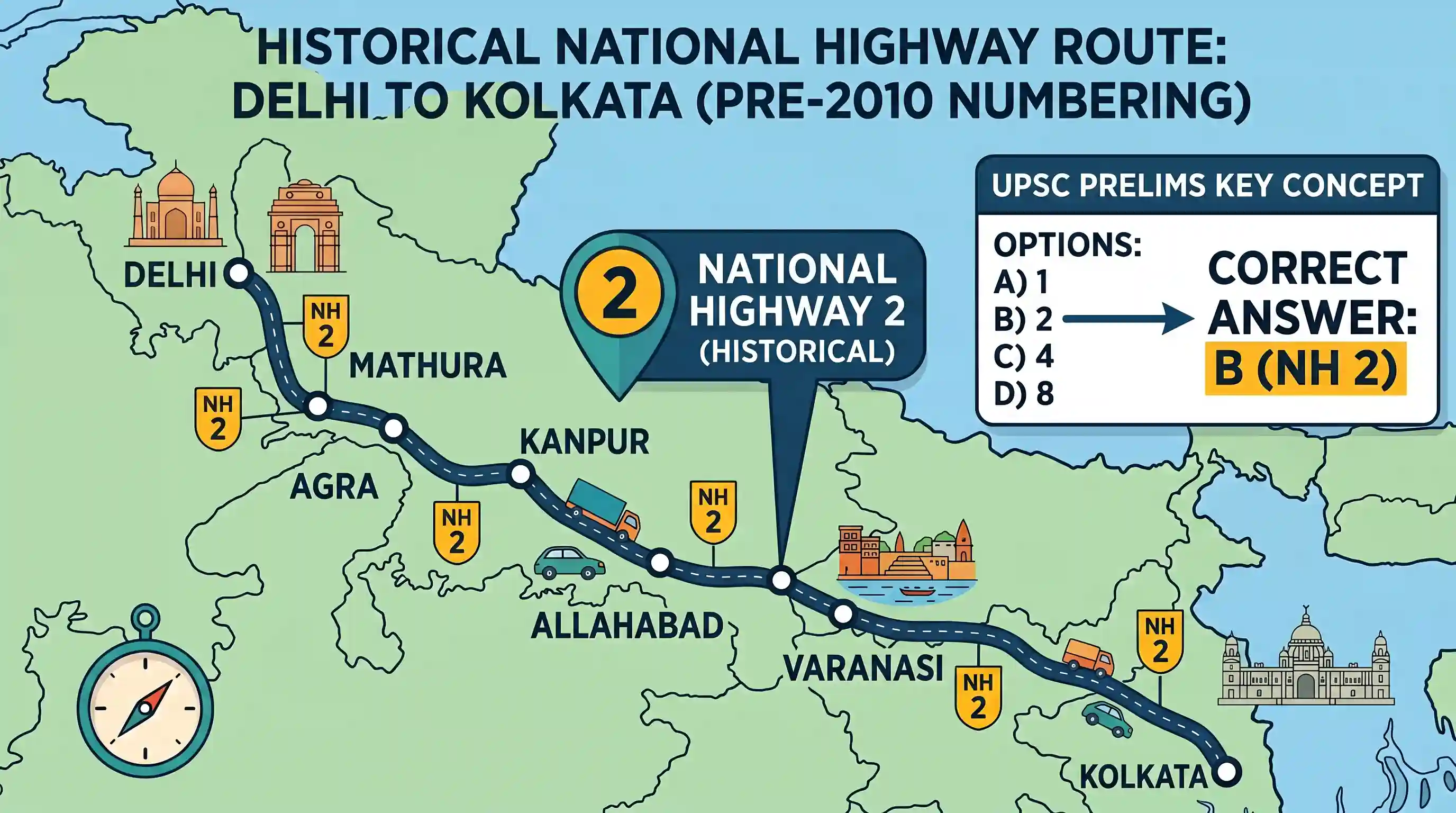 geography: The national highway from Delhi to Calcutta via Mathura and Varanasi is numbered