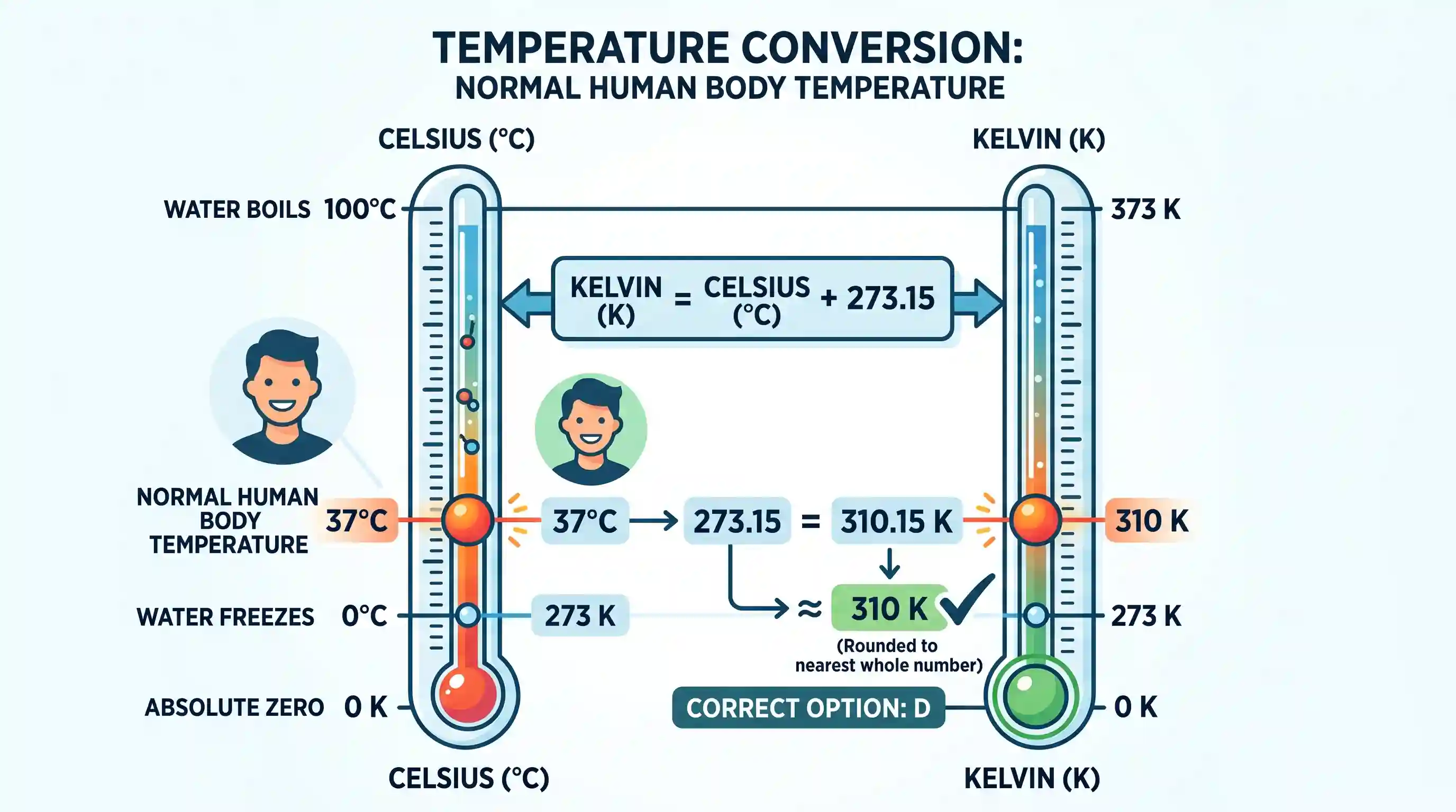 science-and-technology: The normal temperature of human body on the Kelvin scale is