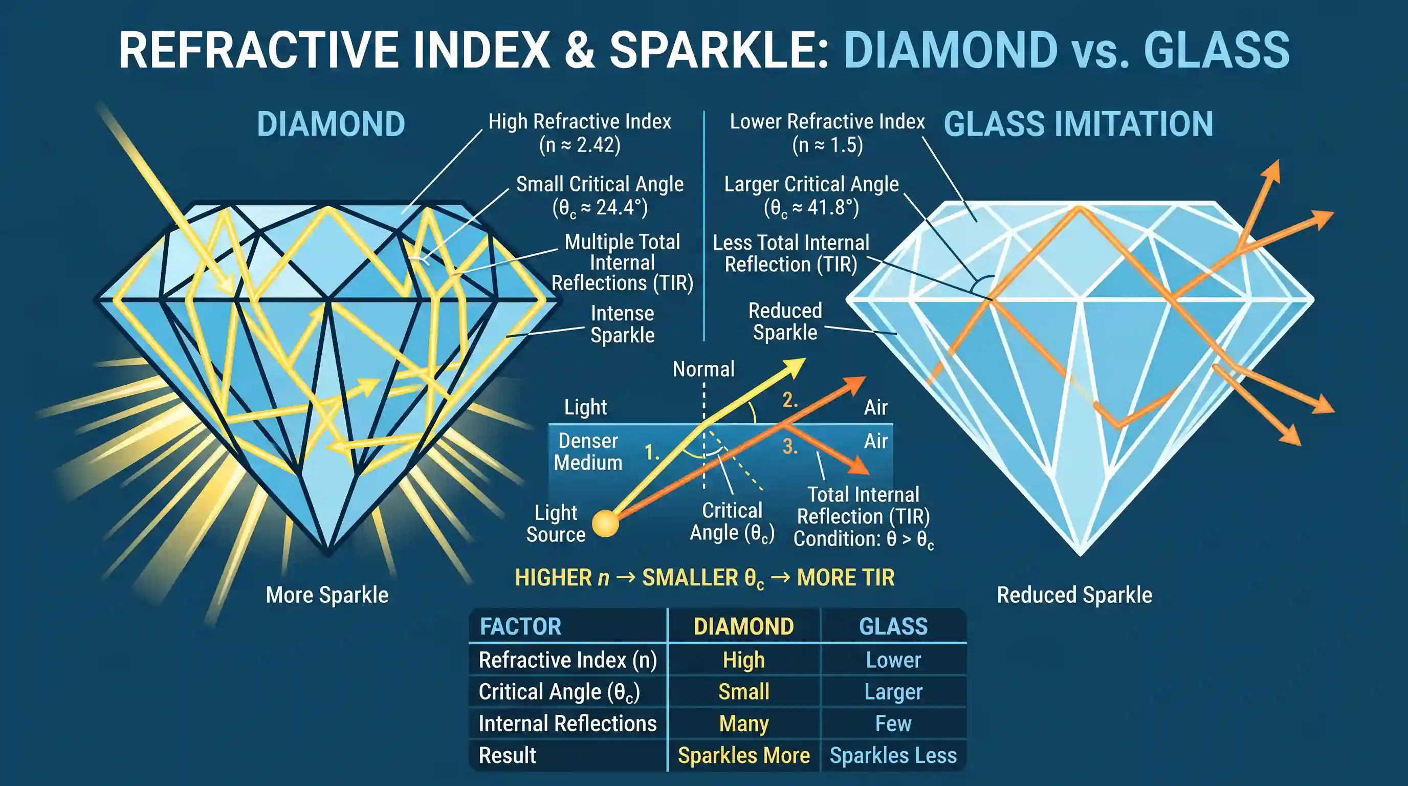 science-and-technology: Assertion (A): A diamond sparkles more than a glass imitation cut to the same shape. Reason (R): The refractive index of