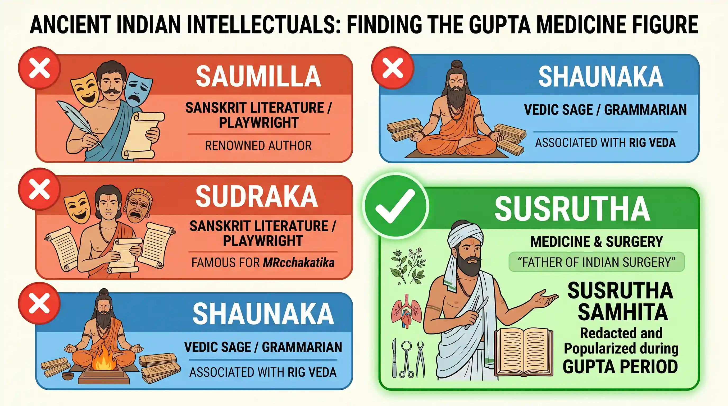 history: Who among the following is known for his work on medicine during the Gupta period?