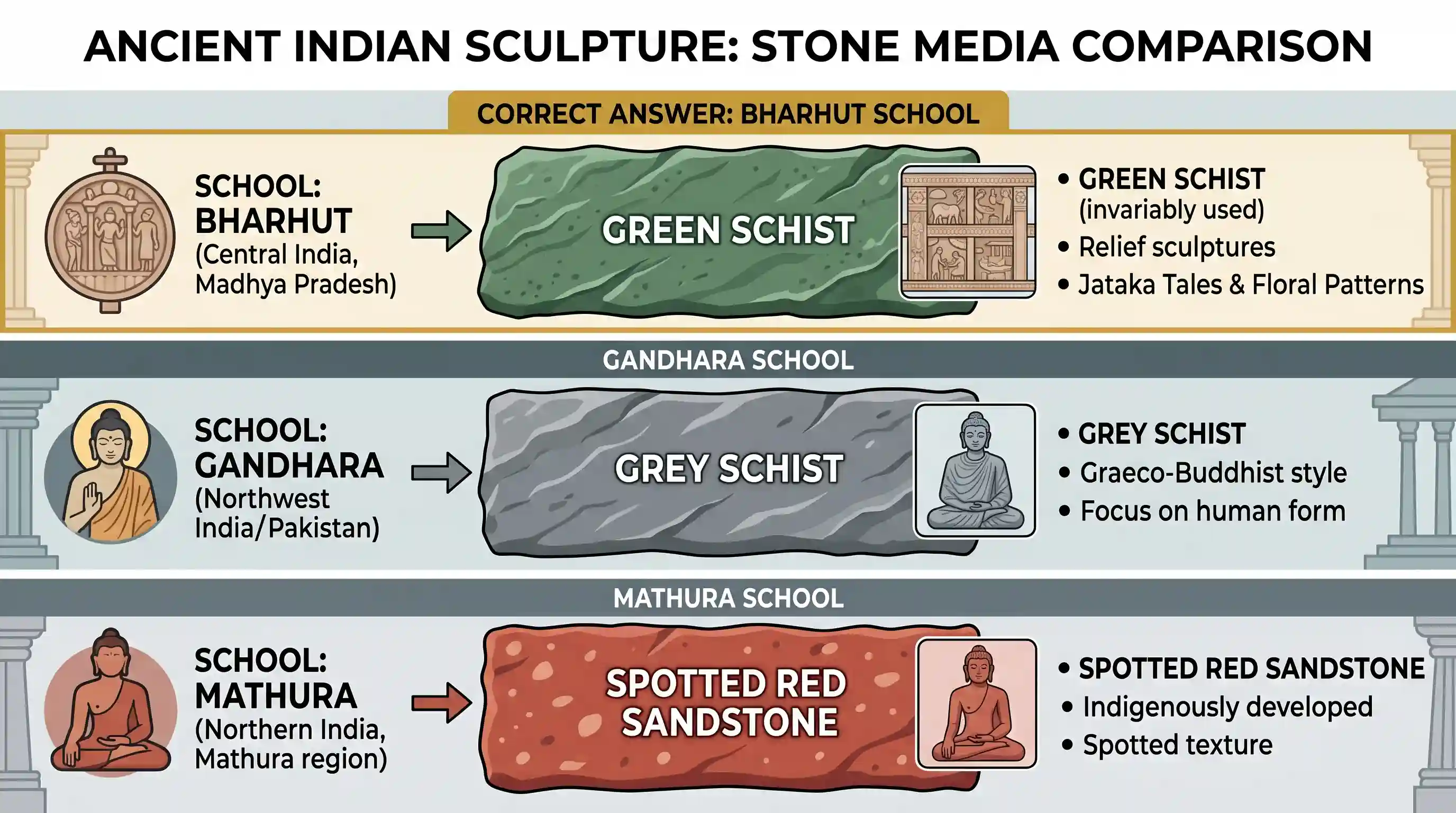 art-and-culture: Which one of the following sculptures invariably used green schist as the medium?