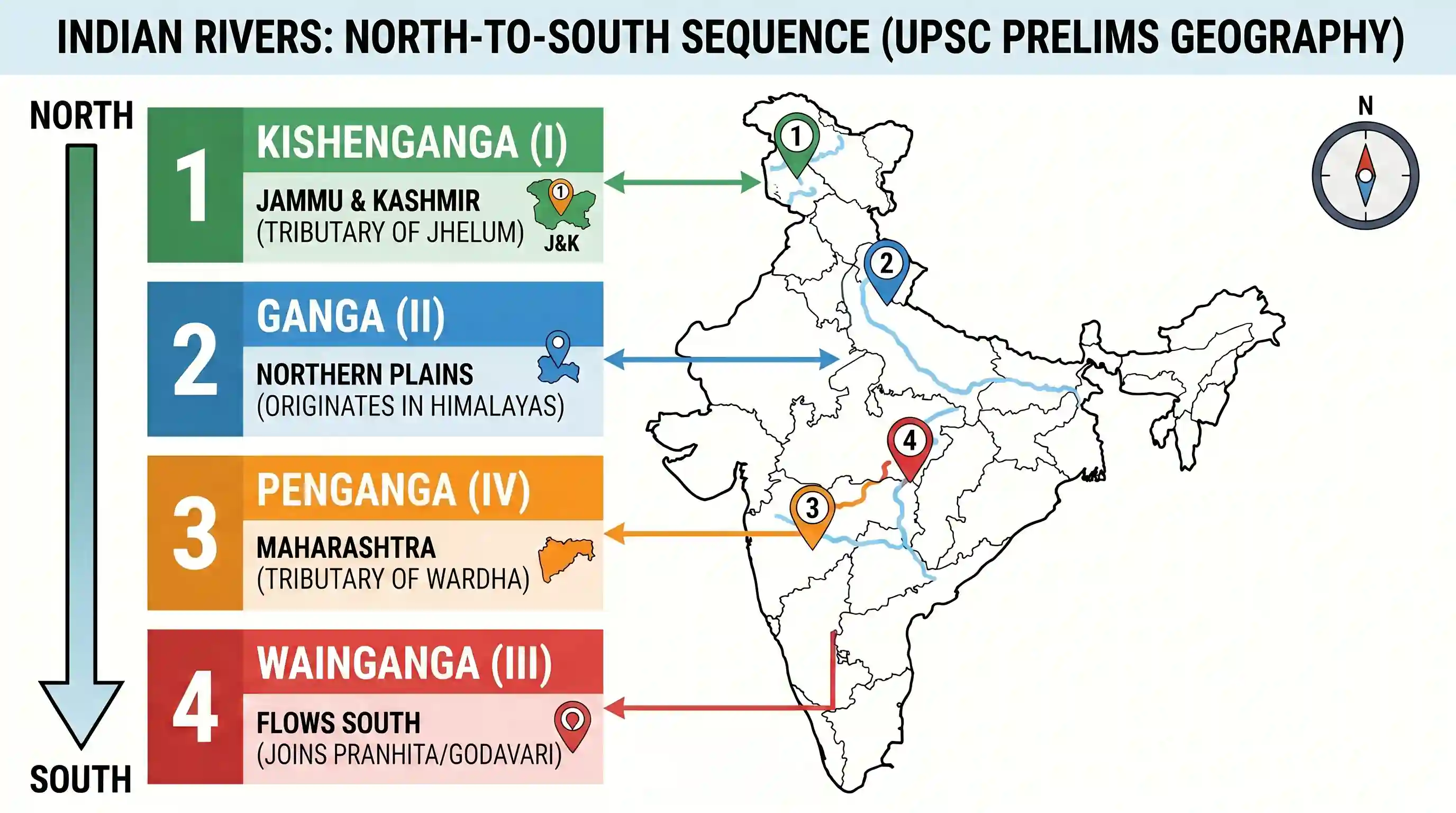 geography: Consider the following rivers: I. Kishenganga II. Ganga III. Wainganga IV. Penganga The correct sequence of these rivers