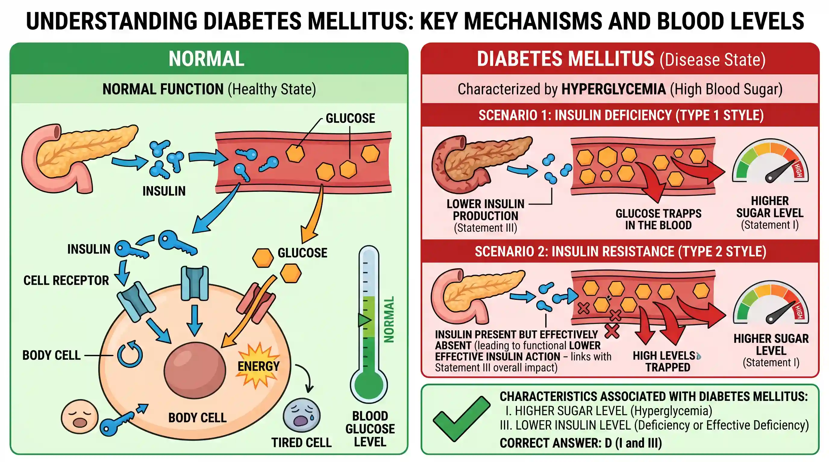 science-and-technology: Which of the following are associated with diabetes mellitus, a common disease in adults? I. Higher sugar level in blood