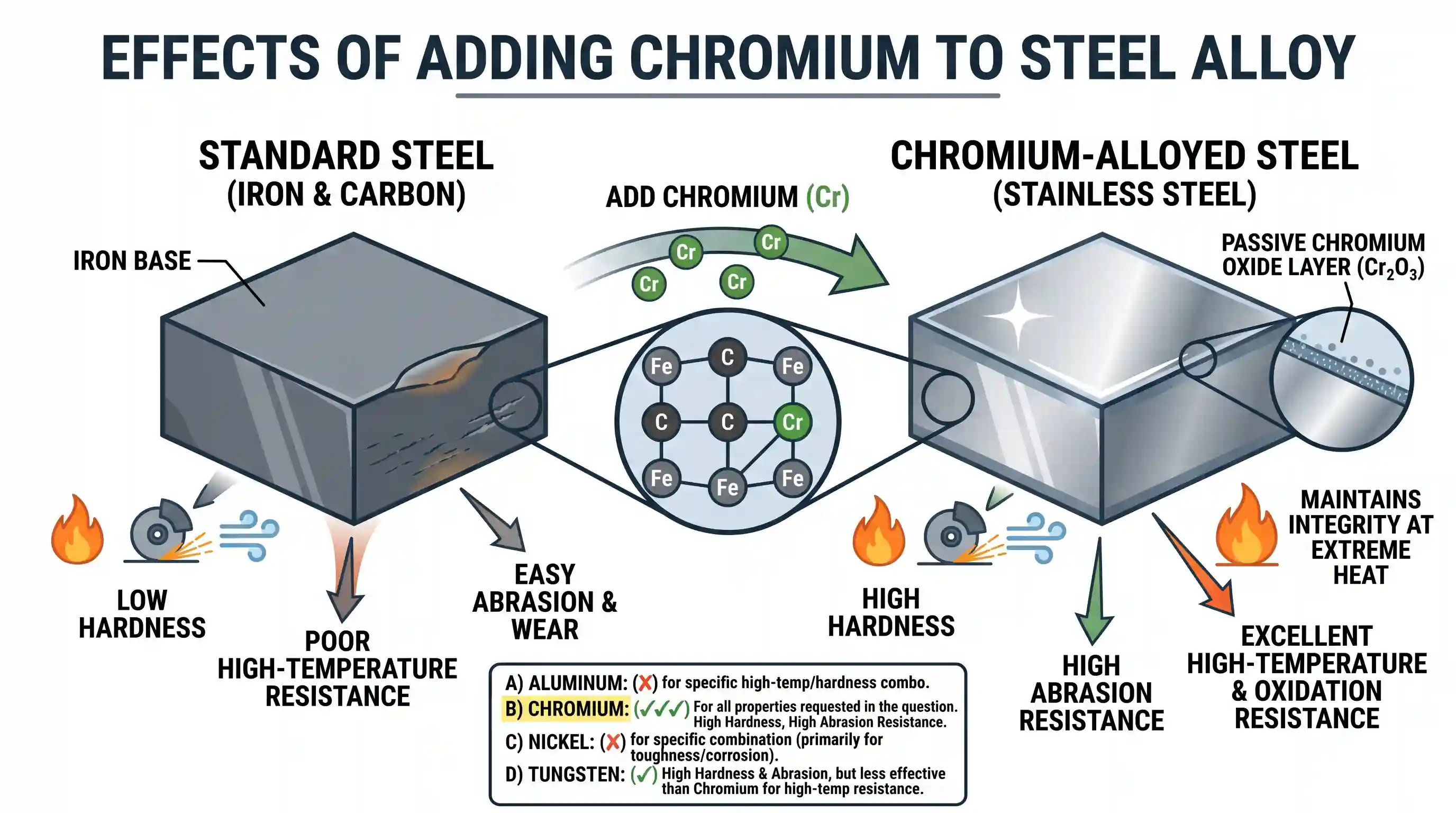 science-and-technology: Which one of the following elements is alloyed with iron to produce steel which can resist high temperatures and also ha