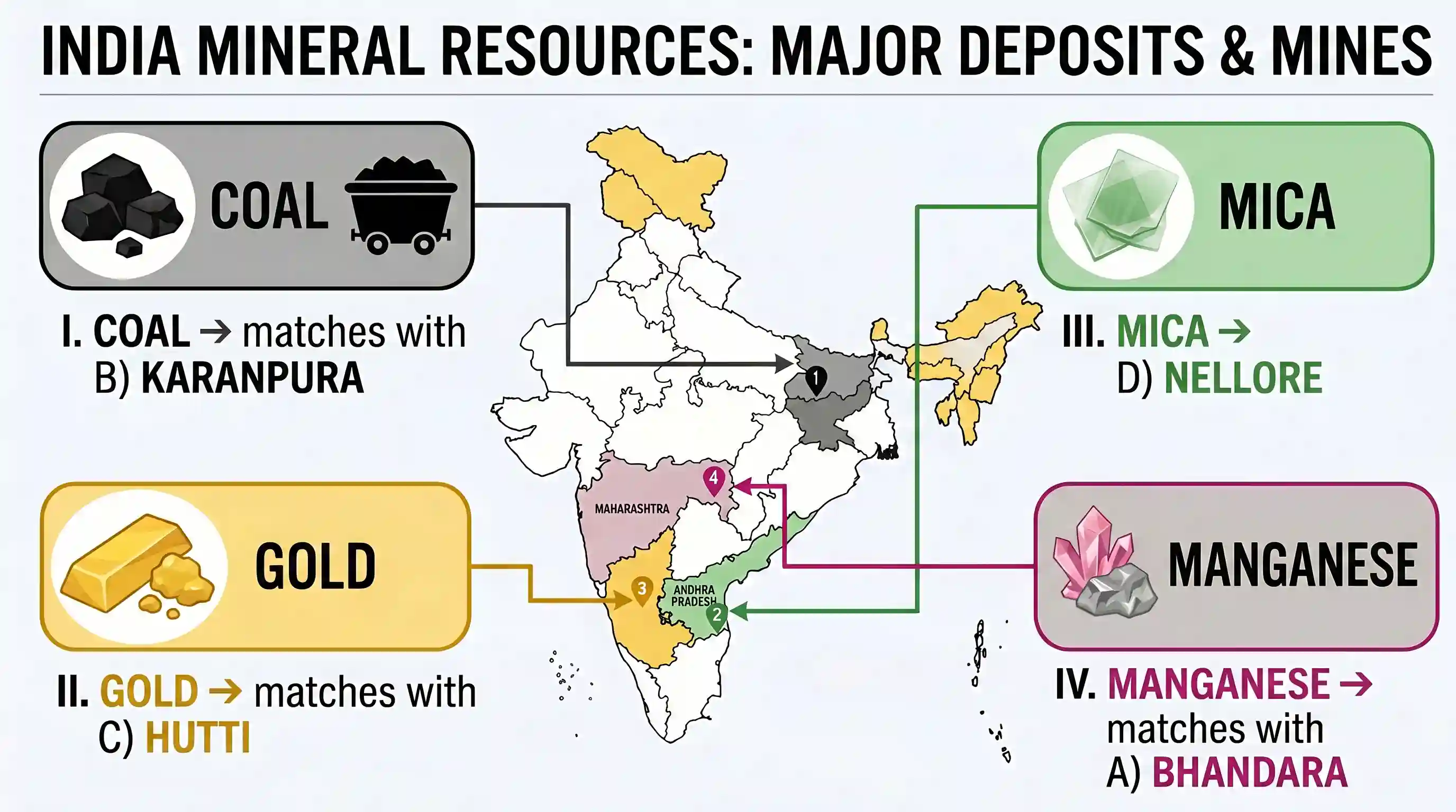 geography: Match List I with List II and select the correct answer by using the codes given below the lists: List I (Minerals) (Typ