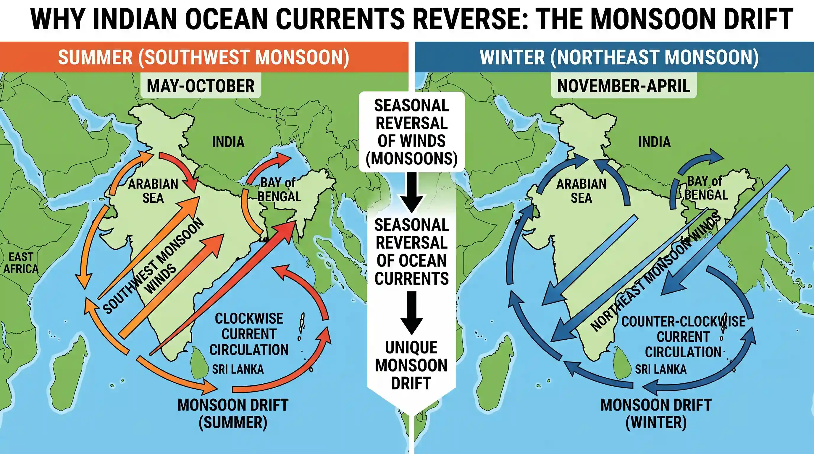 geography: Which one of the following factors is responsible for the change in the regular direction of the ocean currents in the I