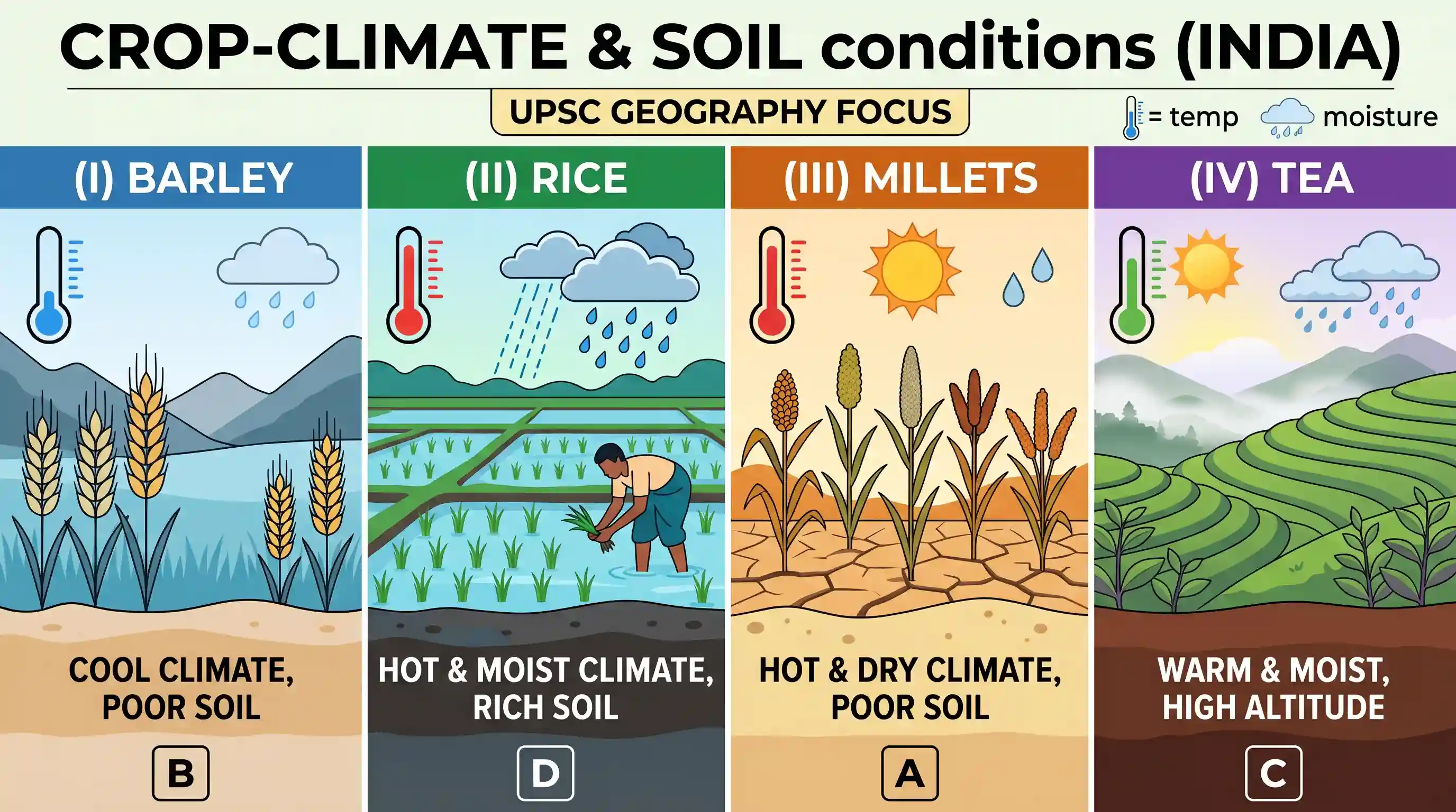 geography: Match List I with List II and select the correct answer by using the codes given below the lists: List I (Crops) I. Barl