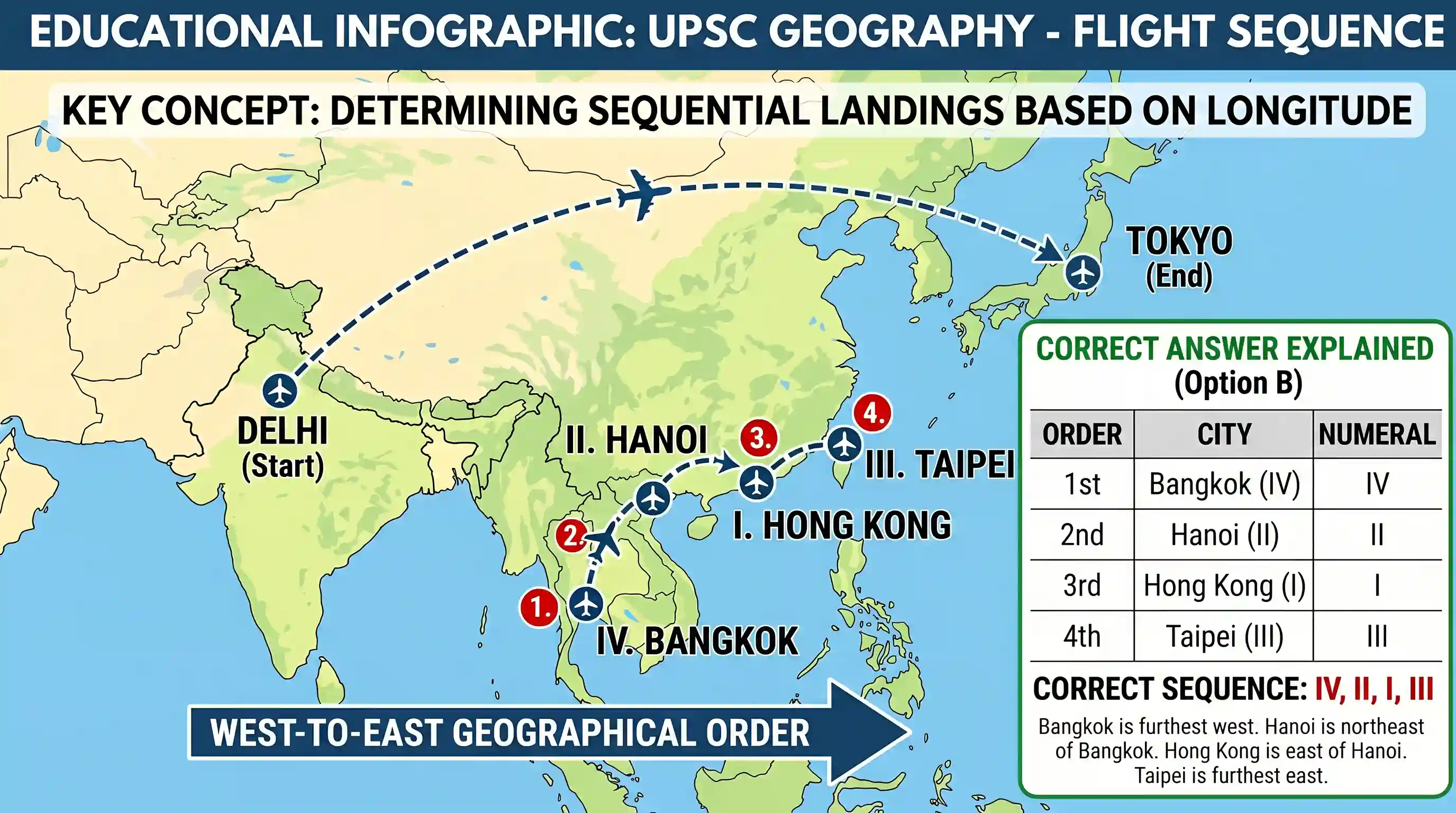 geography: During a flight from Delhi to Tokyo the following are the landing airports: I. Hong Kong II. Hanoi III. Taipei IV Bangko