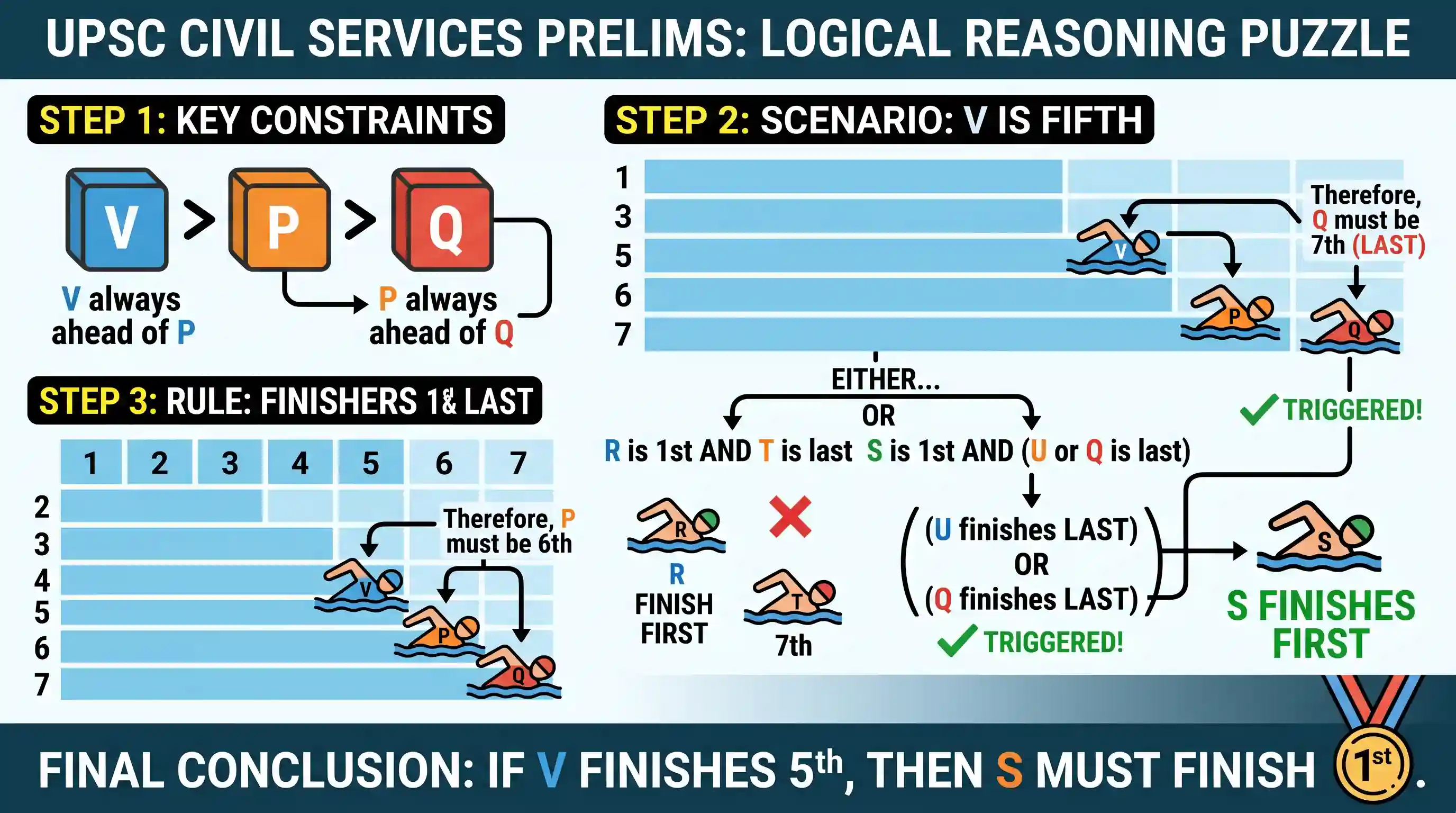 polity-and-governance: Seven persons P, Q, R, S, T, U and V participate in and finish all the events of a series of swimming races. There are n