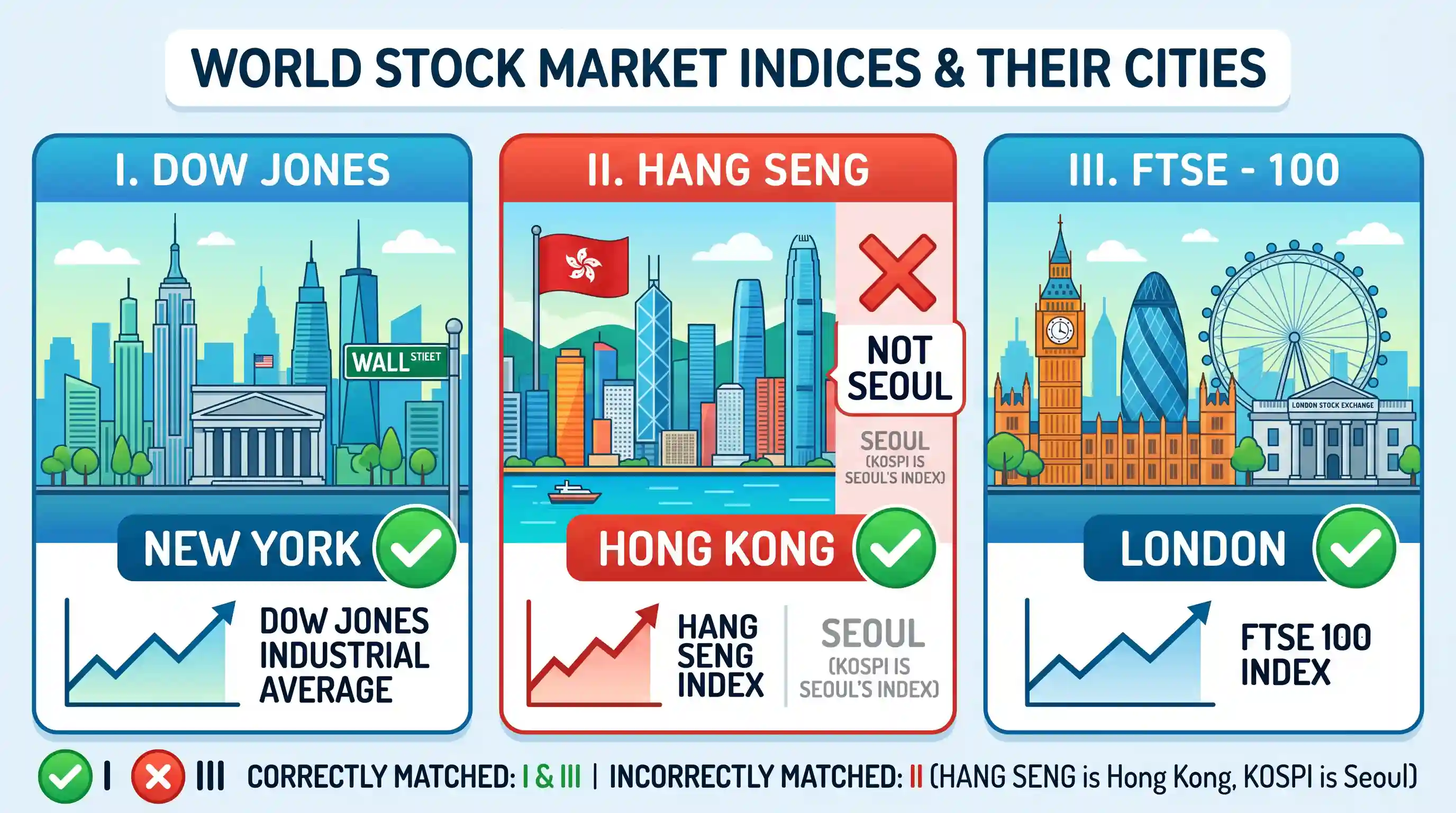 economy: Which of the following pairs are correctly matched? I. Dow Jones: New York II. Hang Seng: Seoul III. FTSE - 100: London