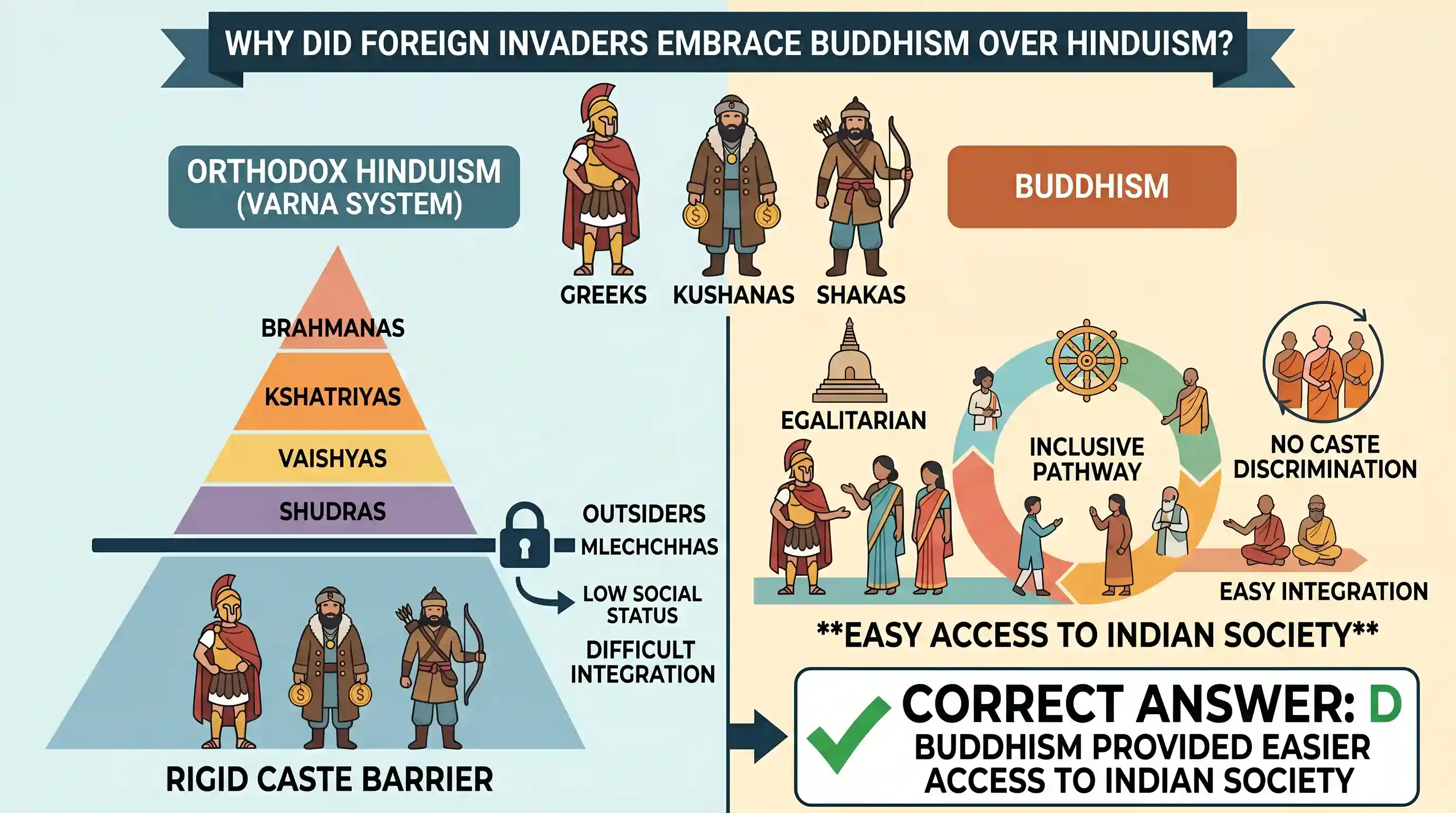 history: Many of the Greeks, Kushanas and Shakas embraced Buddhism rather than Hinduism because