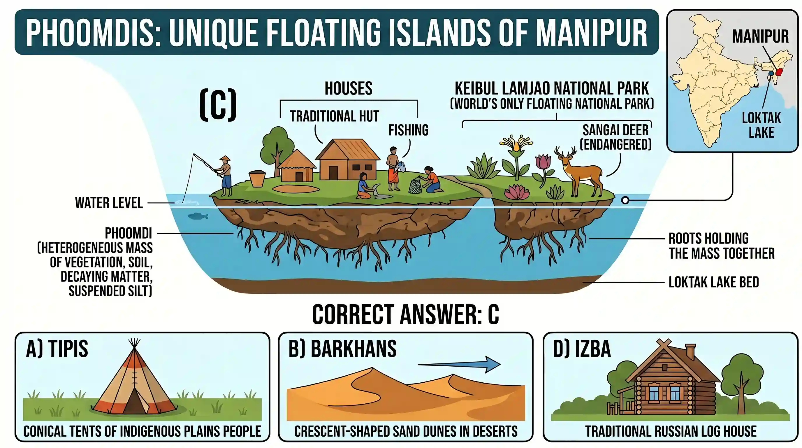 geography: Some people in Manipur live in houses built on floating islands of weeds and decaying vegetation held together by suspen