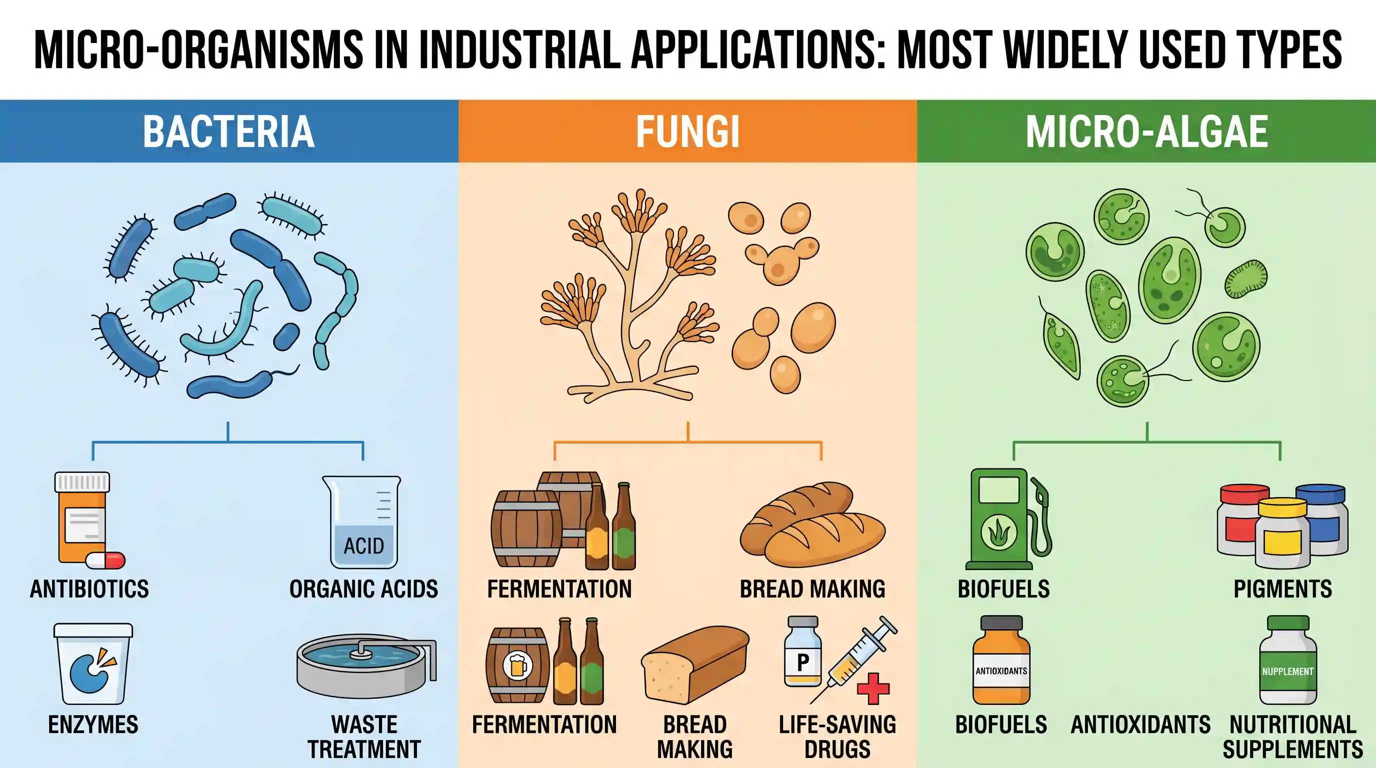 science-and-technology: Which one of the following types of micro-organisms is most widely used in industries?