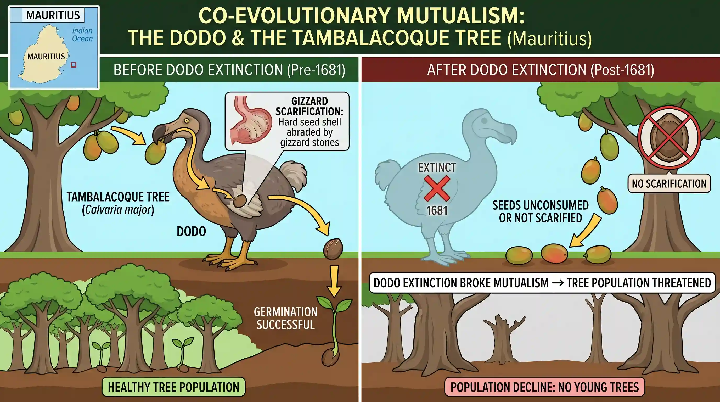 geography: A tree species in Mauritius failed to reproduce because of the extinction of a fruit eating bird. Which one of the follo