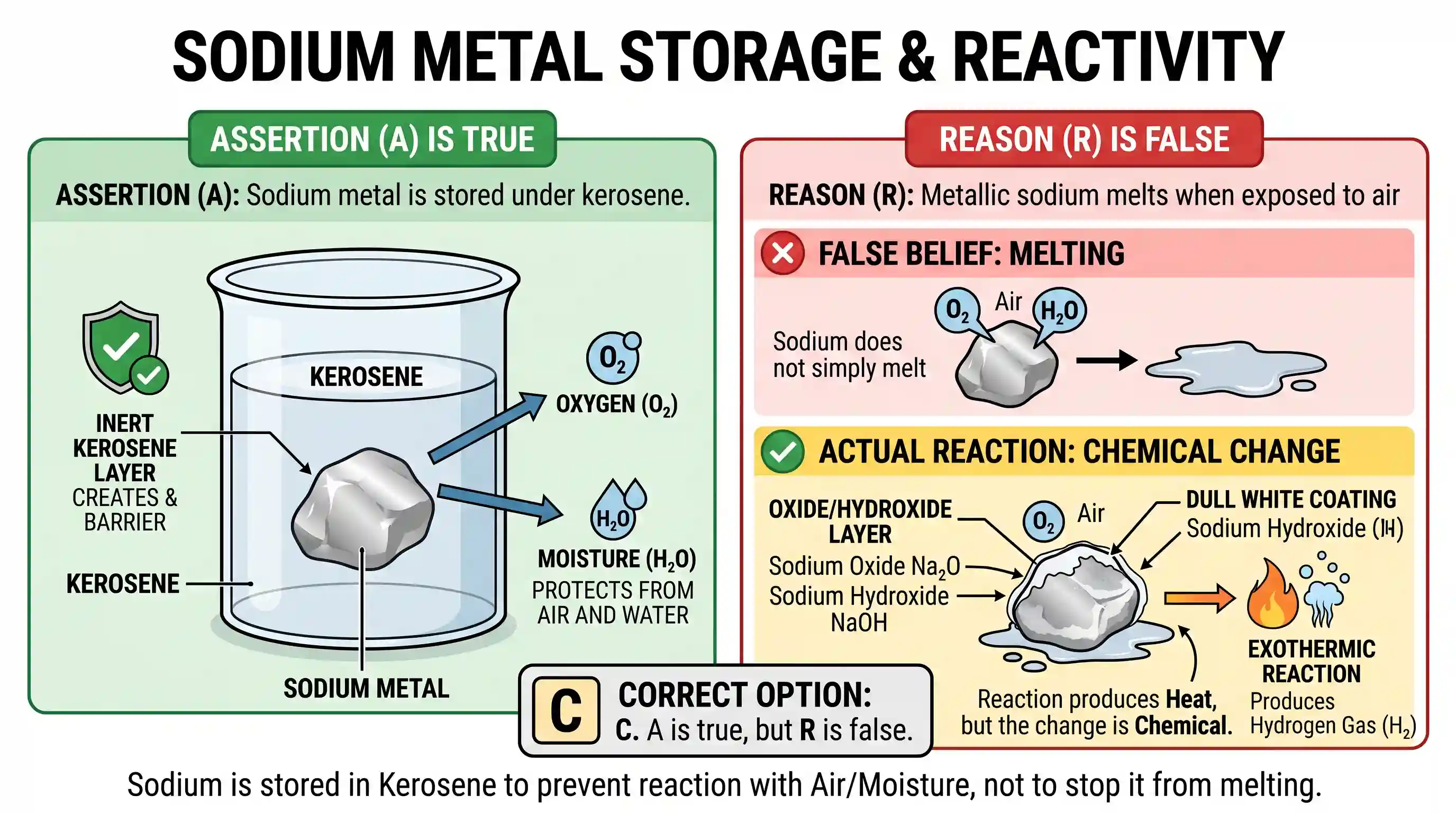 science-and-technology: Assertion (A): Sodium metal is stored under kerosene. Reason (R): Metallic sodium melts when exposed to air.