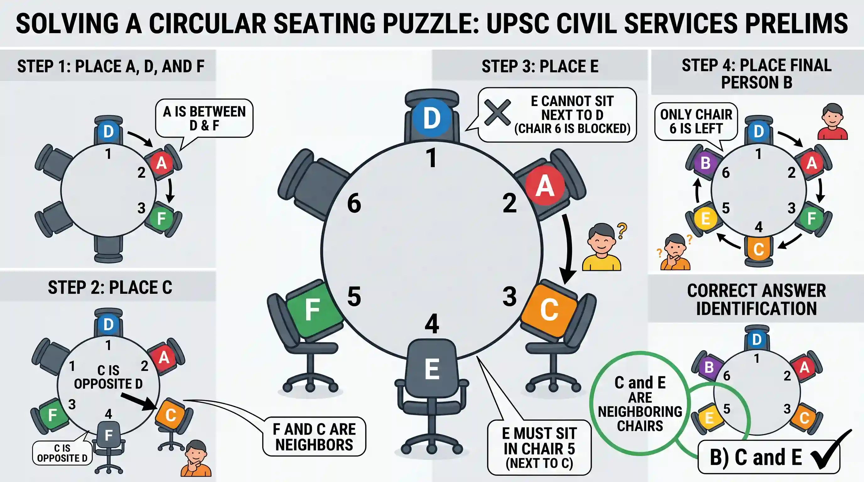 polity-and-governance: A, B, C, D, E and F, not necessarily in that order are sitting on six chairs regularly placed around a round table. It i
