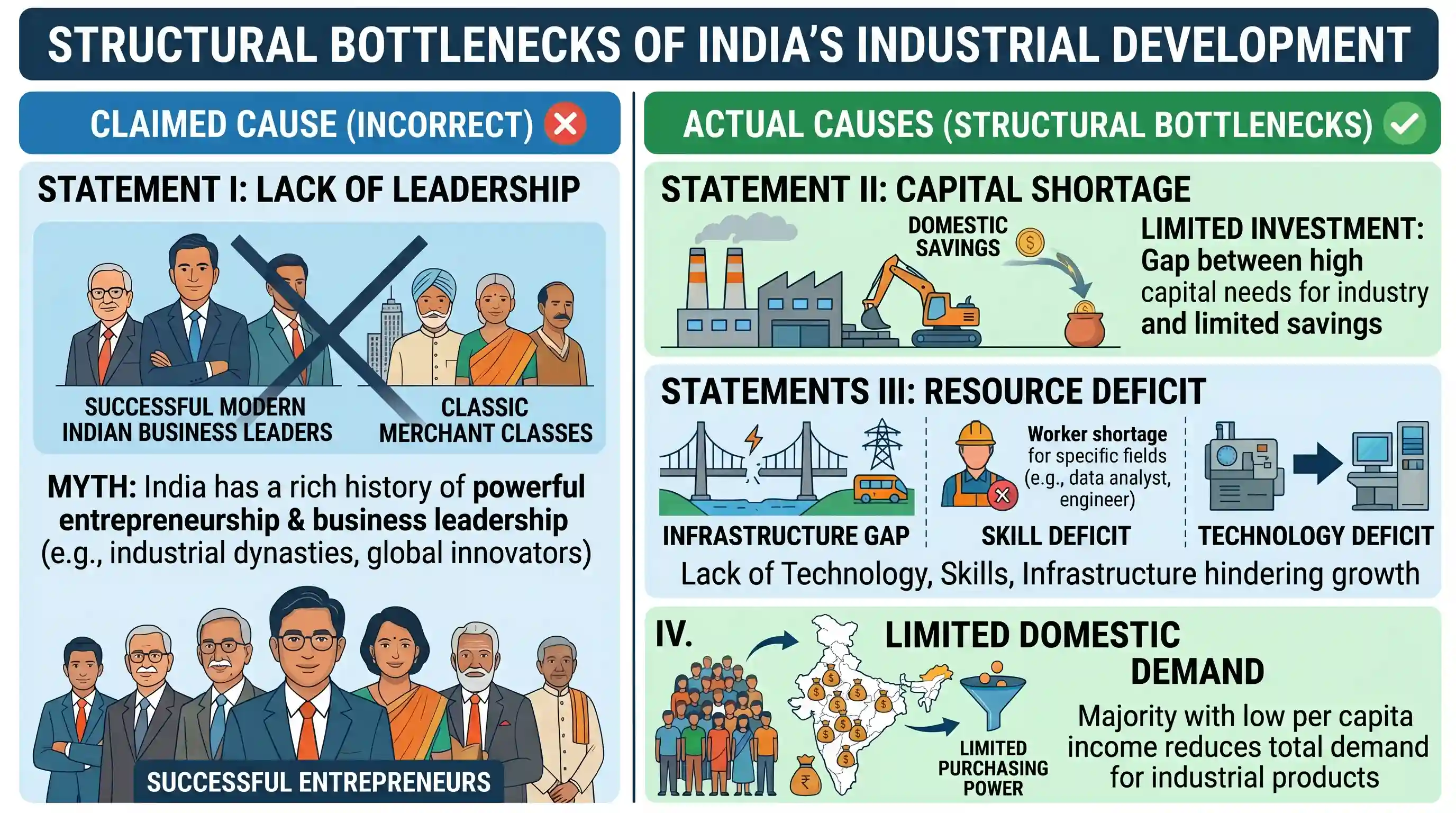 economy: Consider the following statements: Industrial development in India, to an extent, is constrained by I. lack of adequate
